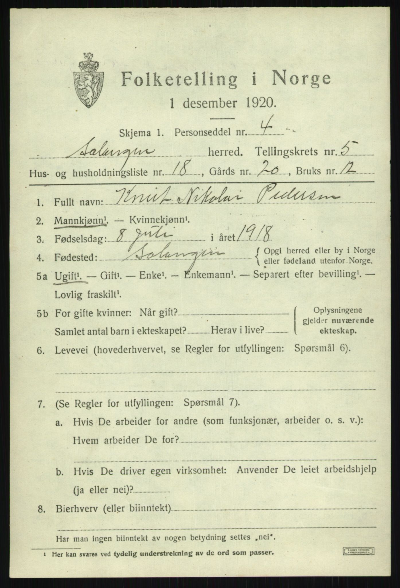 SATØ, Folketelling 1920 for 1921 Salangen herred, 1920, s. 3626