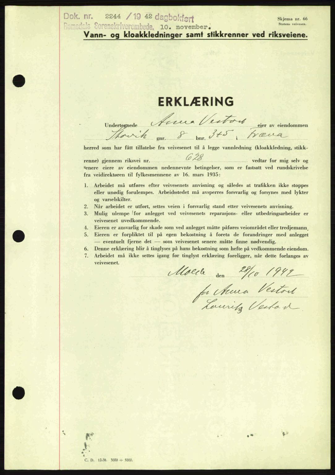 Romsdal sorenskriveri, SAT/A-4149/1/2/2C: Pantebok nr. B2, 1939-1945, Dagboknr: 2244/1942