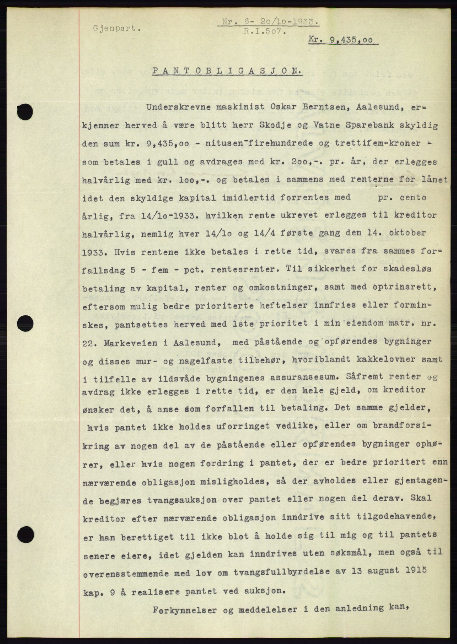 Ålesund byfogd, AV/SAT-A-4384: Pantebok nr. 31, 1933-1934, Tingl.dato: 20.10.1933