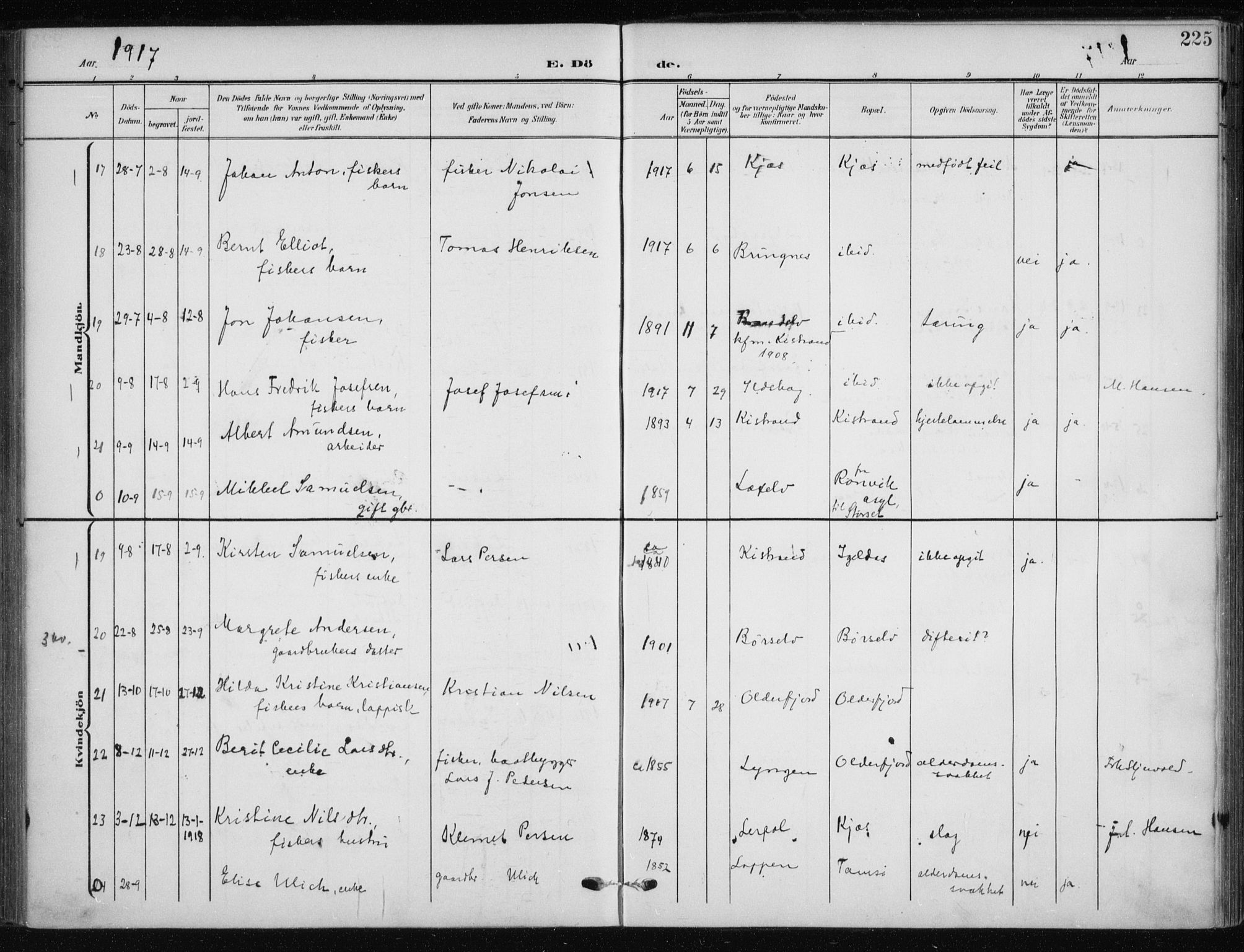 Kistrand/Porsanger sokneprestembete, AV/SATØ-S-1351/H/Ha/L0014.kirke: Ministerialbok nr. 14, 1908-1917, s. 225