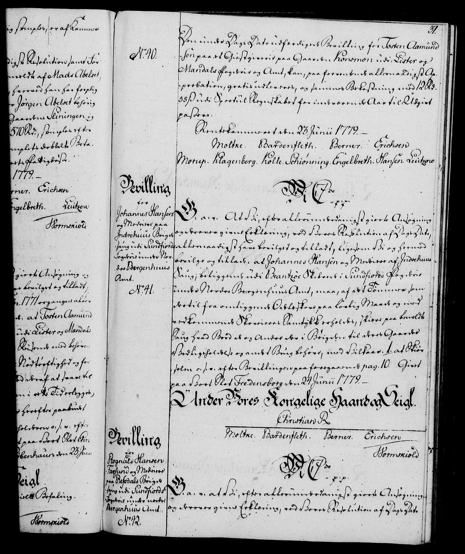 Rentekammeret, Kammerkanselliet, AV/RA-EA-3111/G/Gg/Gga/L0011: Norsk ekspedisjonsprotokoll med register (merket RK 53.11), 1779-1781, s. 31