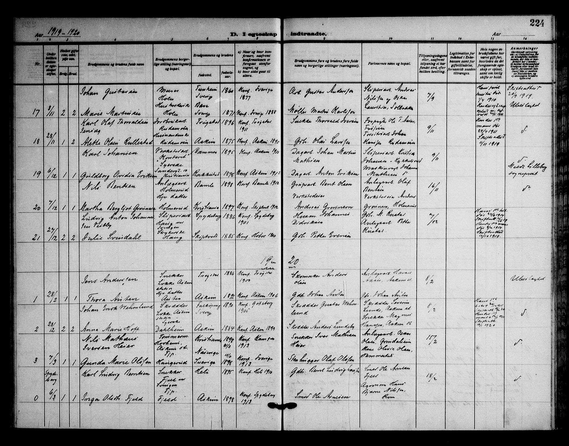 Askim prestekontor Kirkebøker, AV/SAO-A-10900/F/Fa/L0009: Ministerialbok nr. 9, 1913-1923, s. 224
