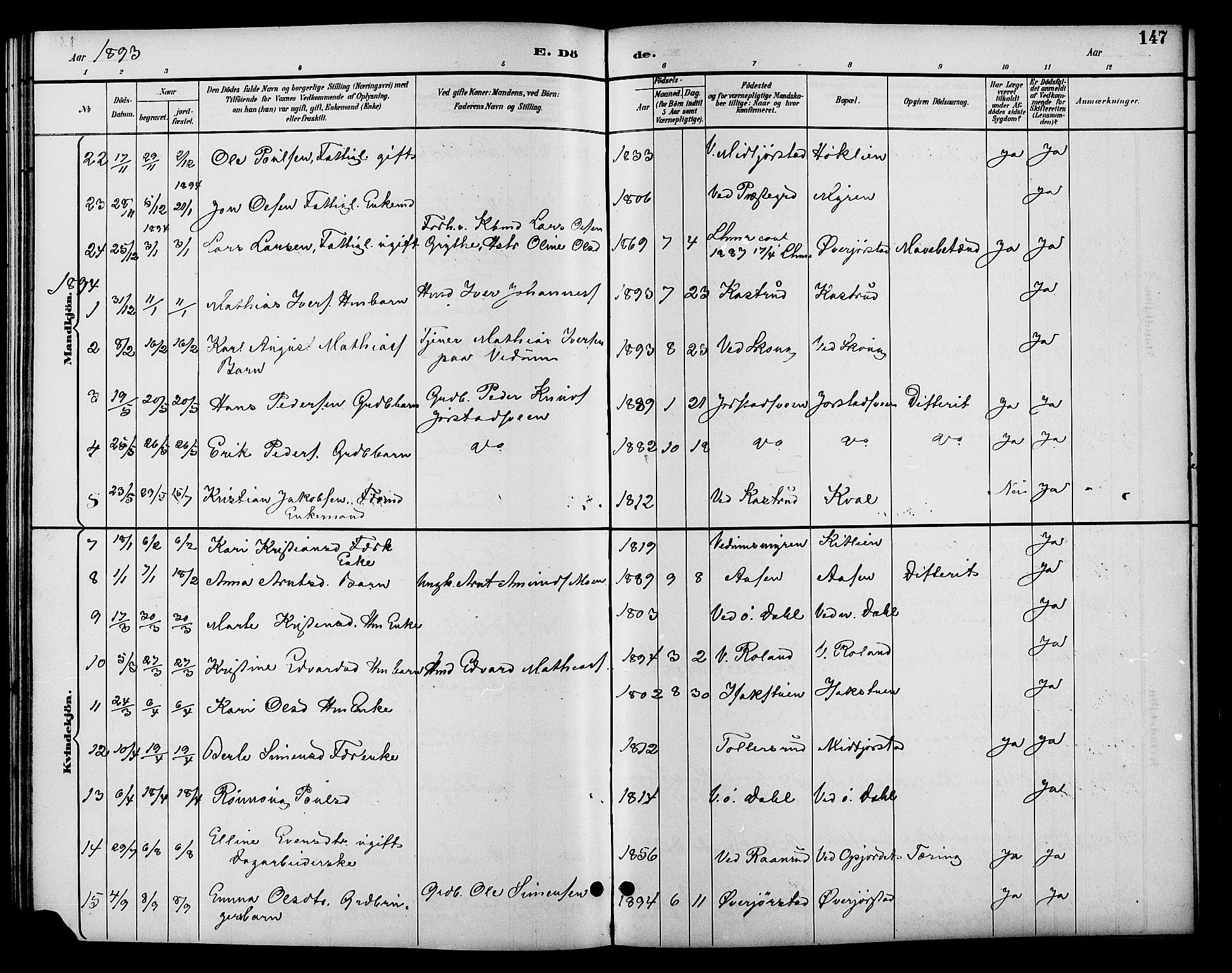 Fåberg prestekontor, AV/SAH-PREST-086/H/Ha/Hab/L0010: Klokkerbok nr. 10, 1892-1900, s. 147