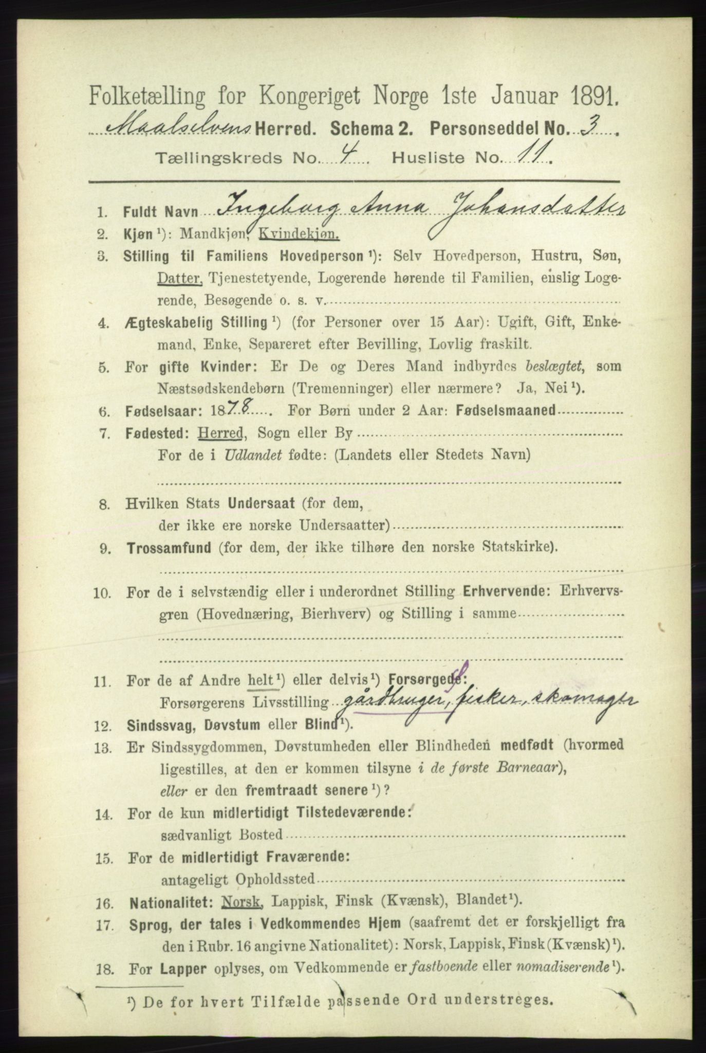 RA, Folketelling 1891 for 1924 Målselv herred, 1891, s. 1148