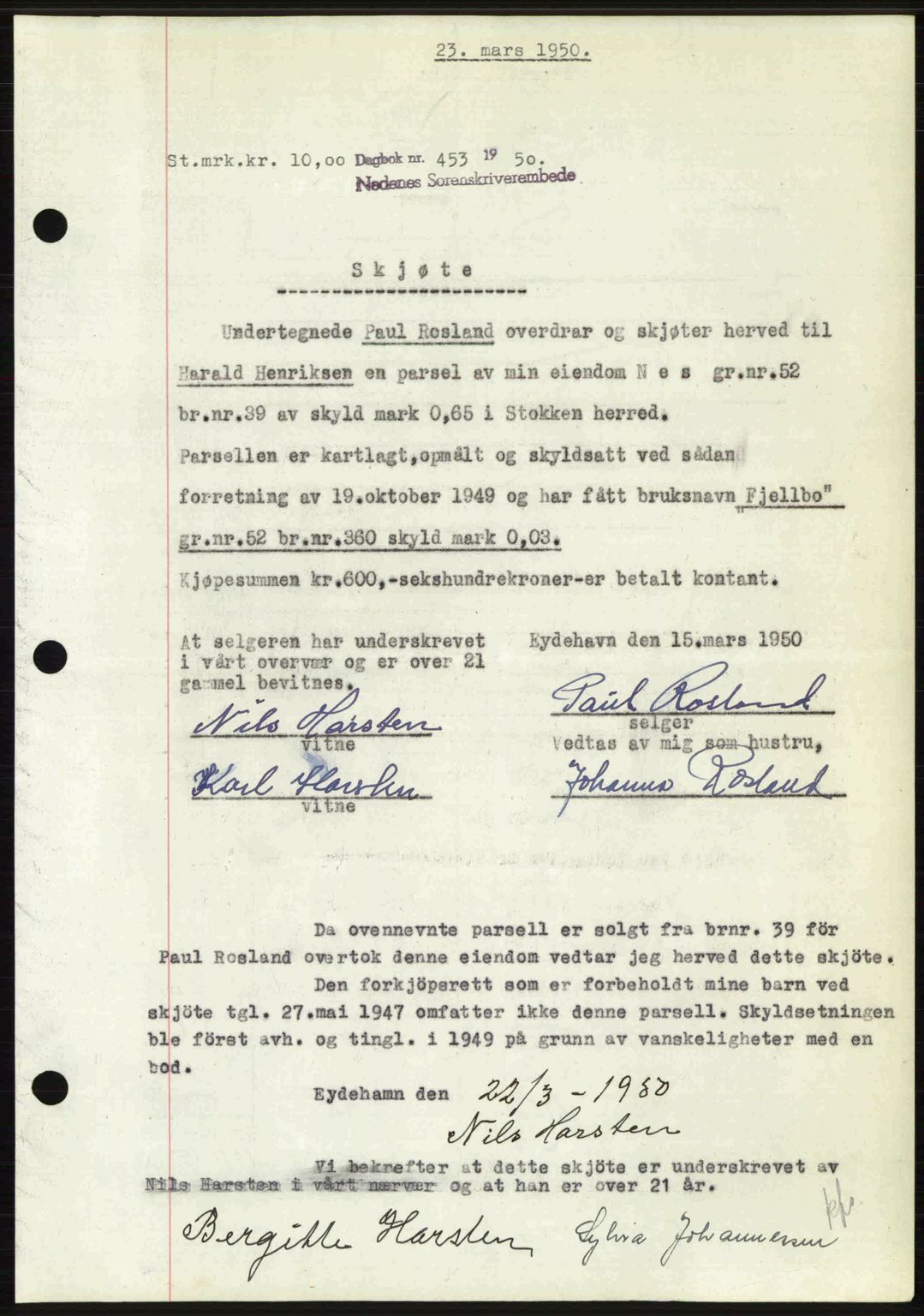Nedenes sorenskriveri, SAK/1221-0006/G/Gb/Gba/L0062: Pantebok nr. A14, 1949-1950, Dagboknr: 453/1950