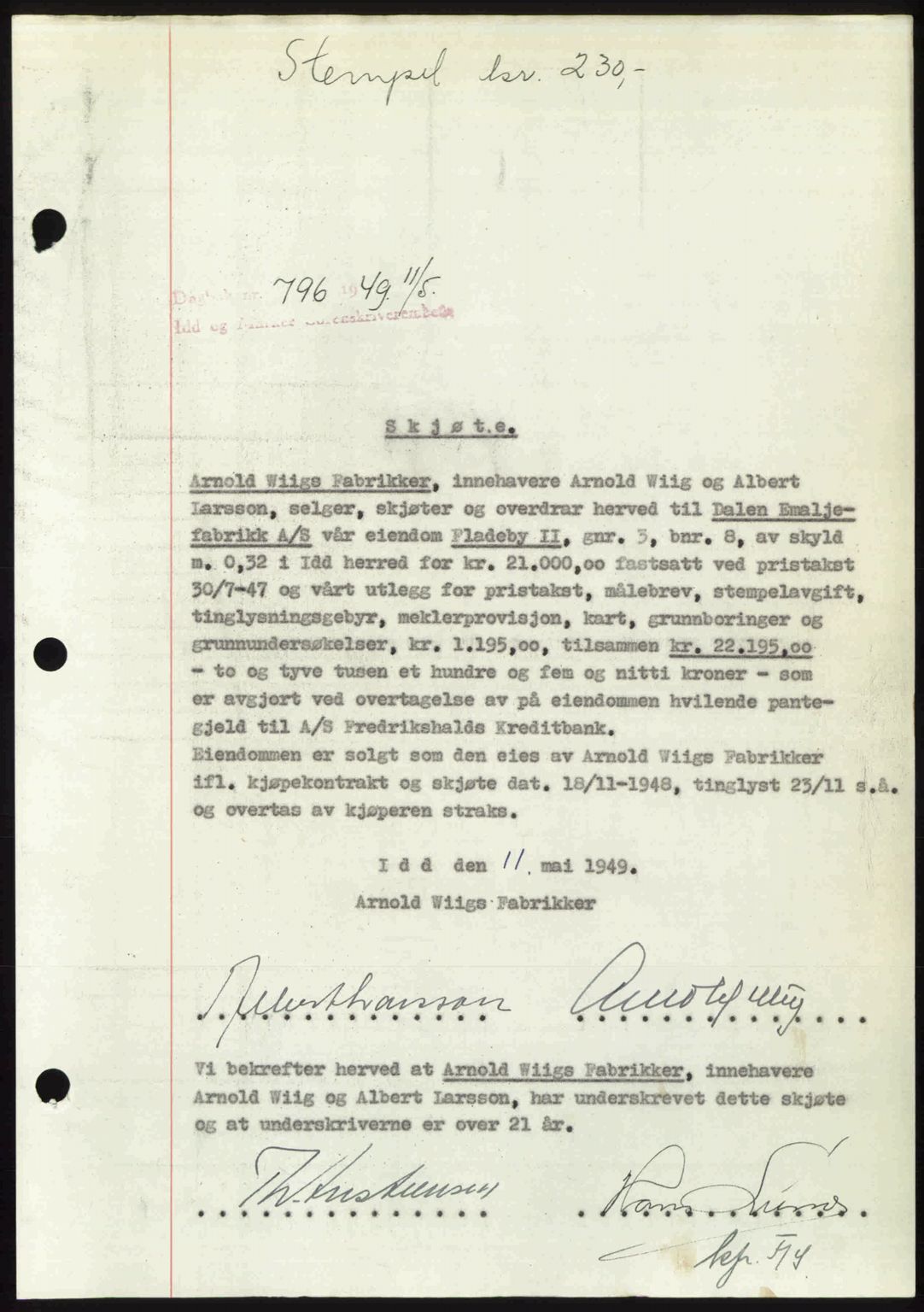 Idd og Marker sorenskriveri, AV/SAO-A-10283/G/Gb/Gbb/L0012: Pantebok nr. A12, 1949-1949, Dagboknr: 796/1949