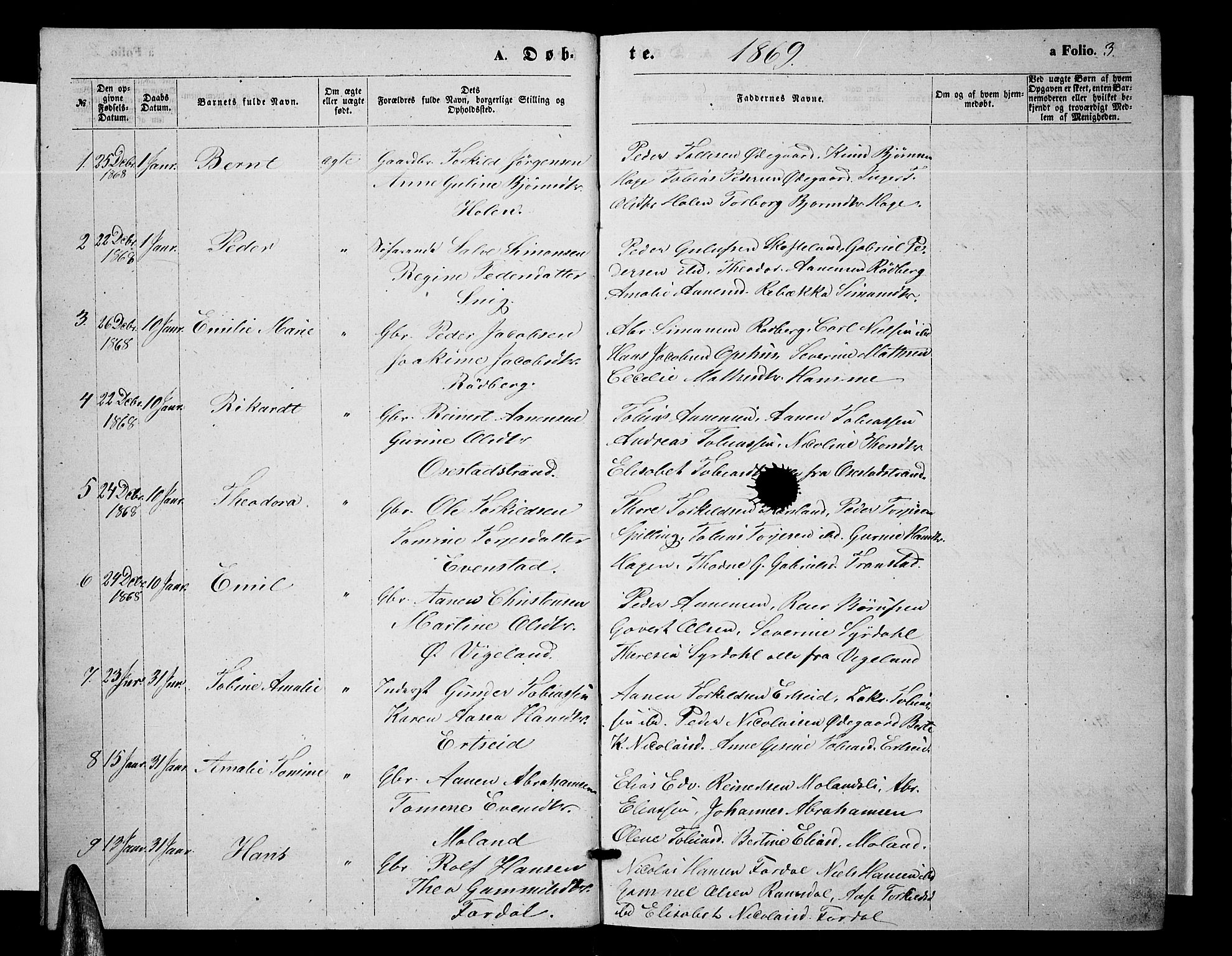Sør-Audnedal sokneprestkontor, AV/SAK-1111-0039/F/Fb/Fbb/L0004: Klokkerbok nr. B 4, 1868-1879, s. 3