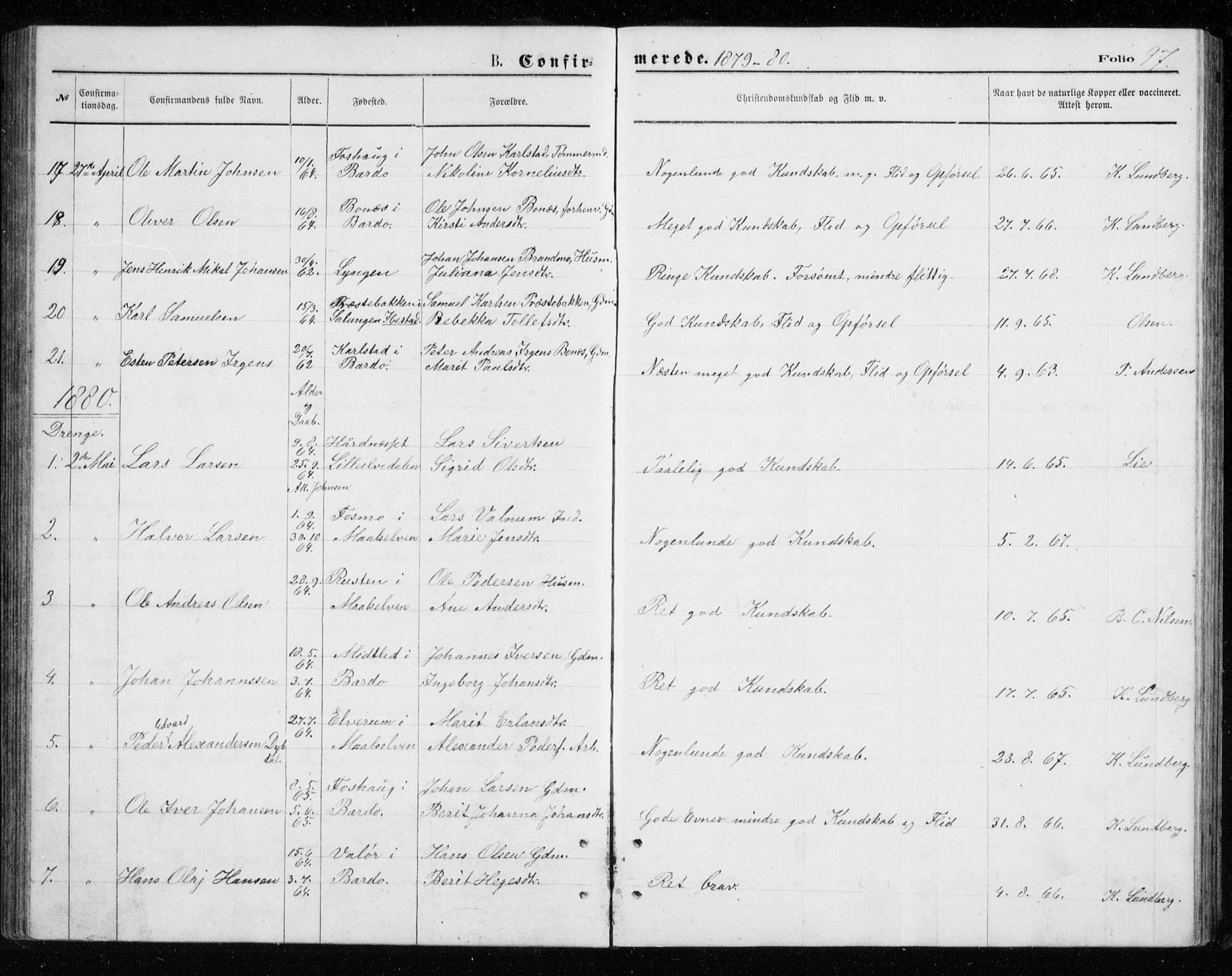 Målselv sokneprestembete, AV/SATØ-S-1311/G/Ga/Gab/L0007klokker: Klokkerbok nr. 7, 1876-1895, s. 97