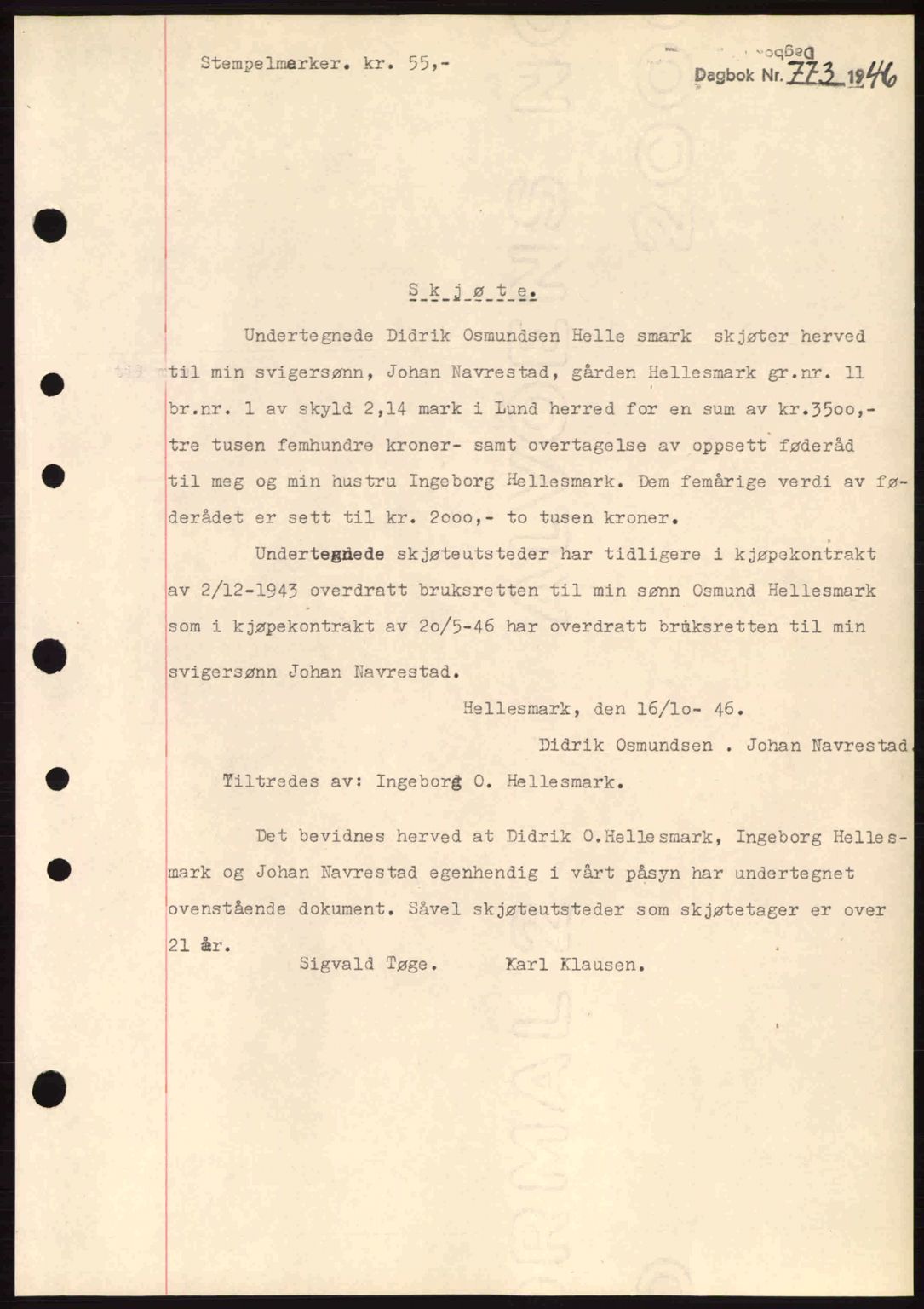 Dalane sorenskriveri, SAST/A-100309/02/G/Gb/L0049: Pantebok nr. A9, 1946-1947, Dagboknr: 773/1946