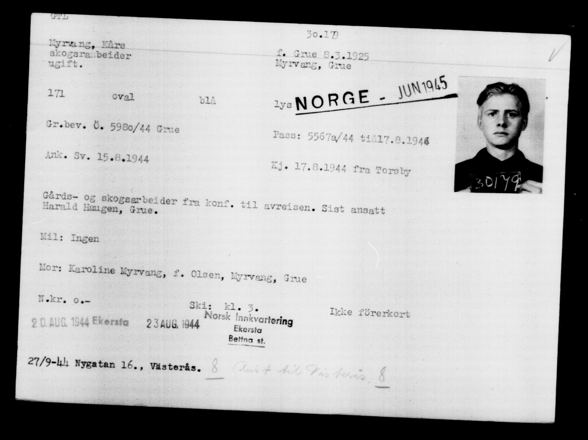 Utenriksstasjonene, Legasjonen i Stockholm, Flyktningkontoret, AV/RA-S-6753/V/Va/L0012: Kjesäterkartoteket, flyktninger med registreringsnr. 28300-31566, 1940-1945, s. 2072