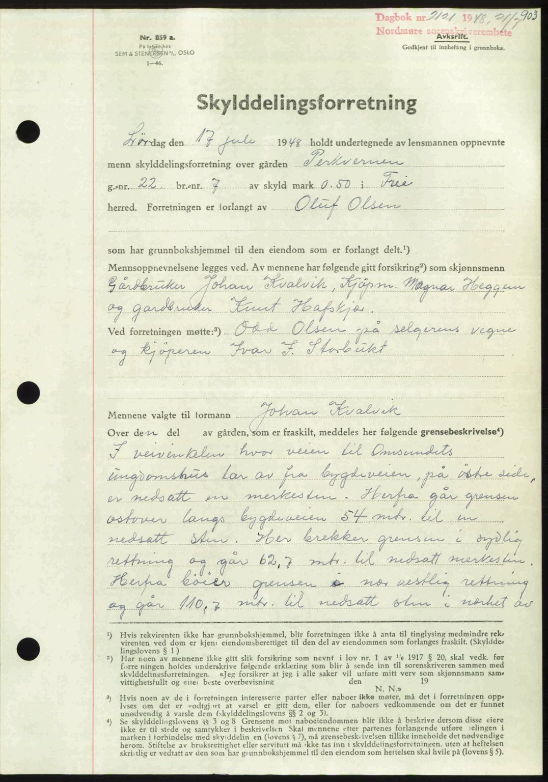 Nordmøre sorenskriveri, SAT/A-4132/1/2/2Ca: Pantebok nr. A108, 1948-1948, Dagboknr: 2121/1948
