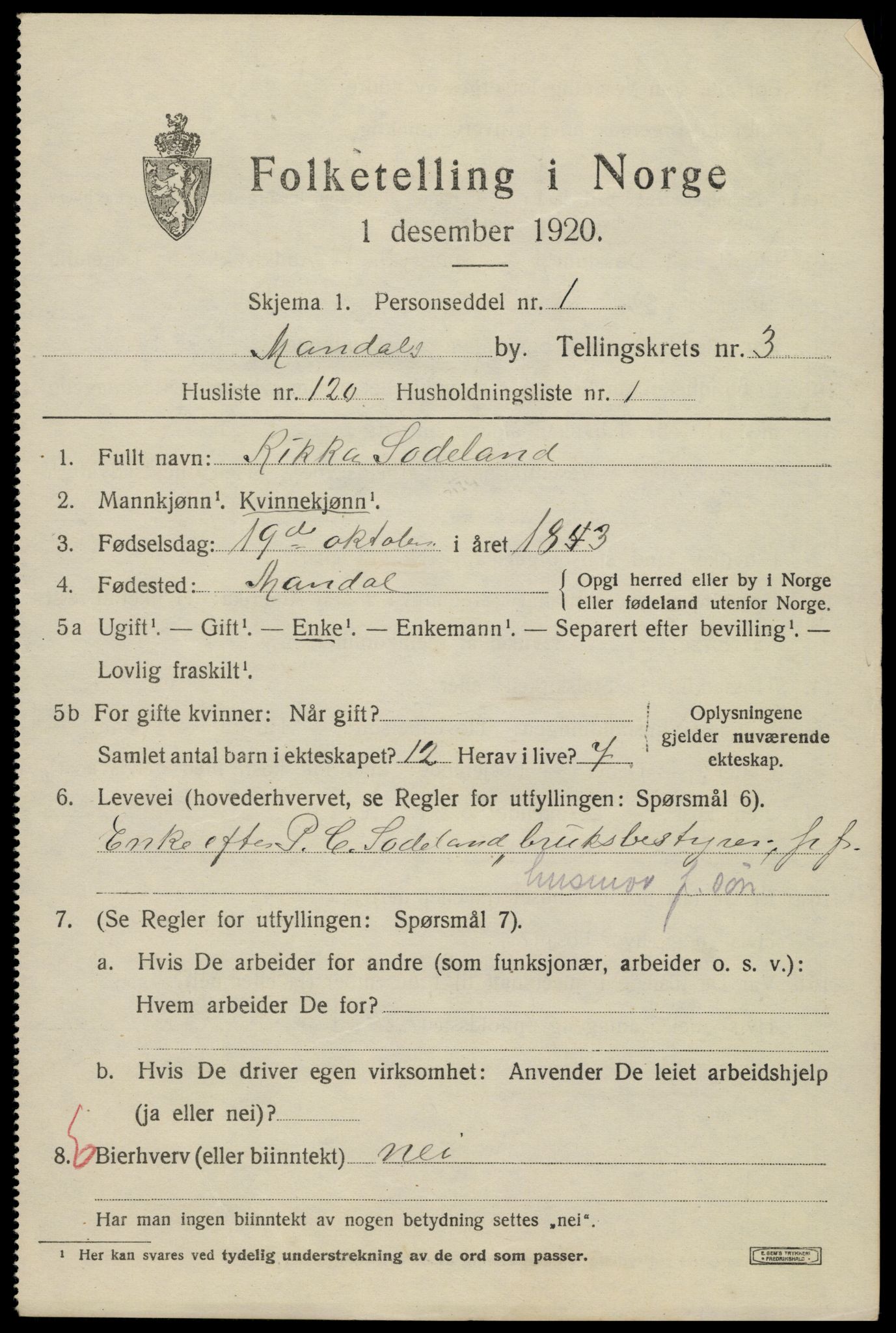 SAK, Folketelling 1920 for 1002 Mandal ladested, 1920, s. 6821