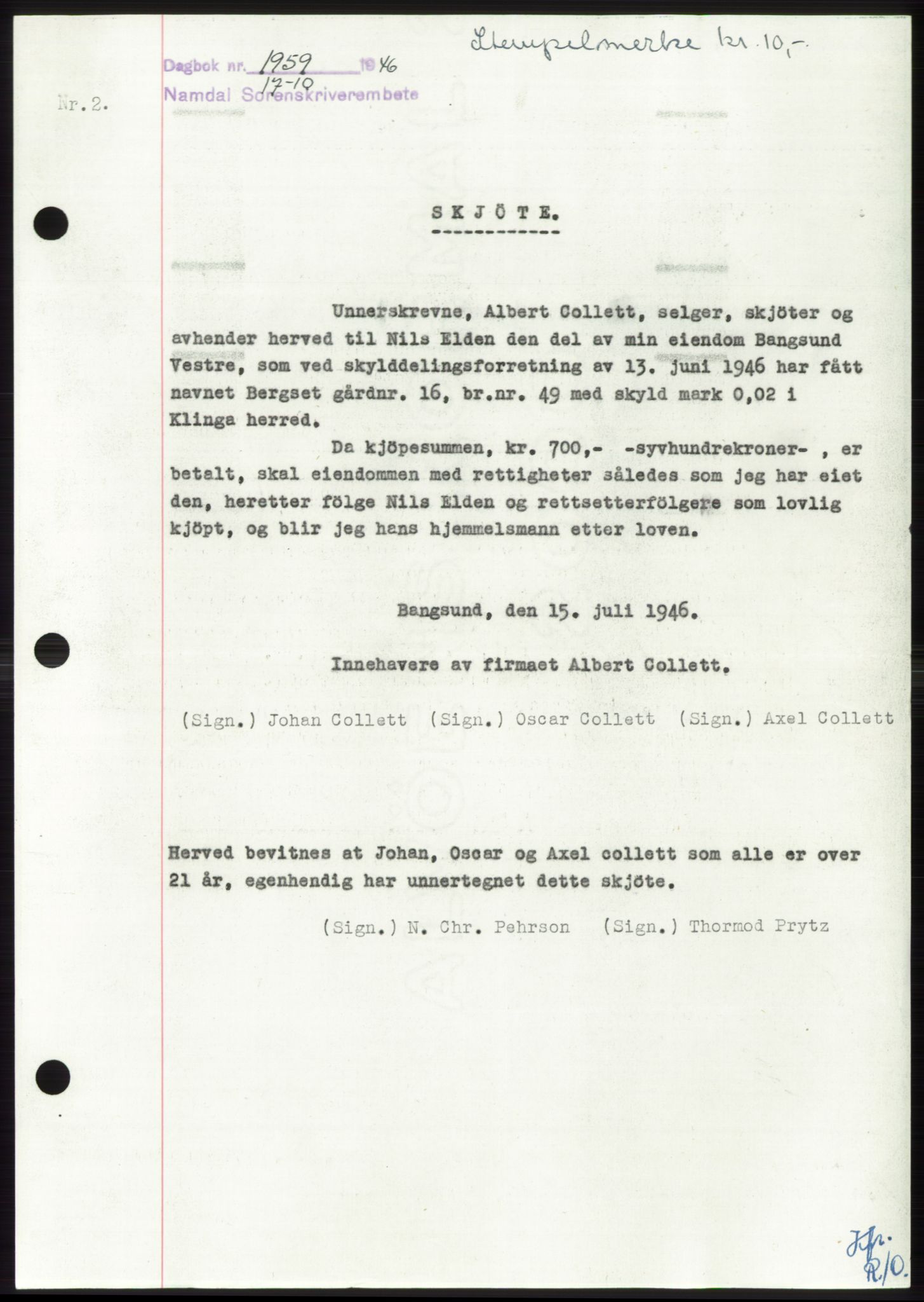Namdal sorenskriveri, SAT/A-4133/1/2/2C: Pantebok nr. -, 1946-1947, Dagboknr: 1959/1946