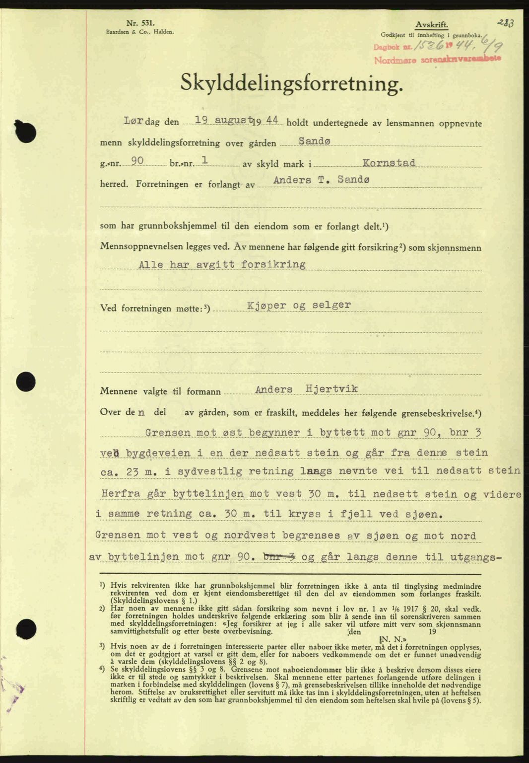 Nordmøre sorenskriveri, SAT/A-4132/1/2/2Ca: Pantebok nr. A98, 1944-1944, Dagboknr: 1536/1944