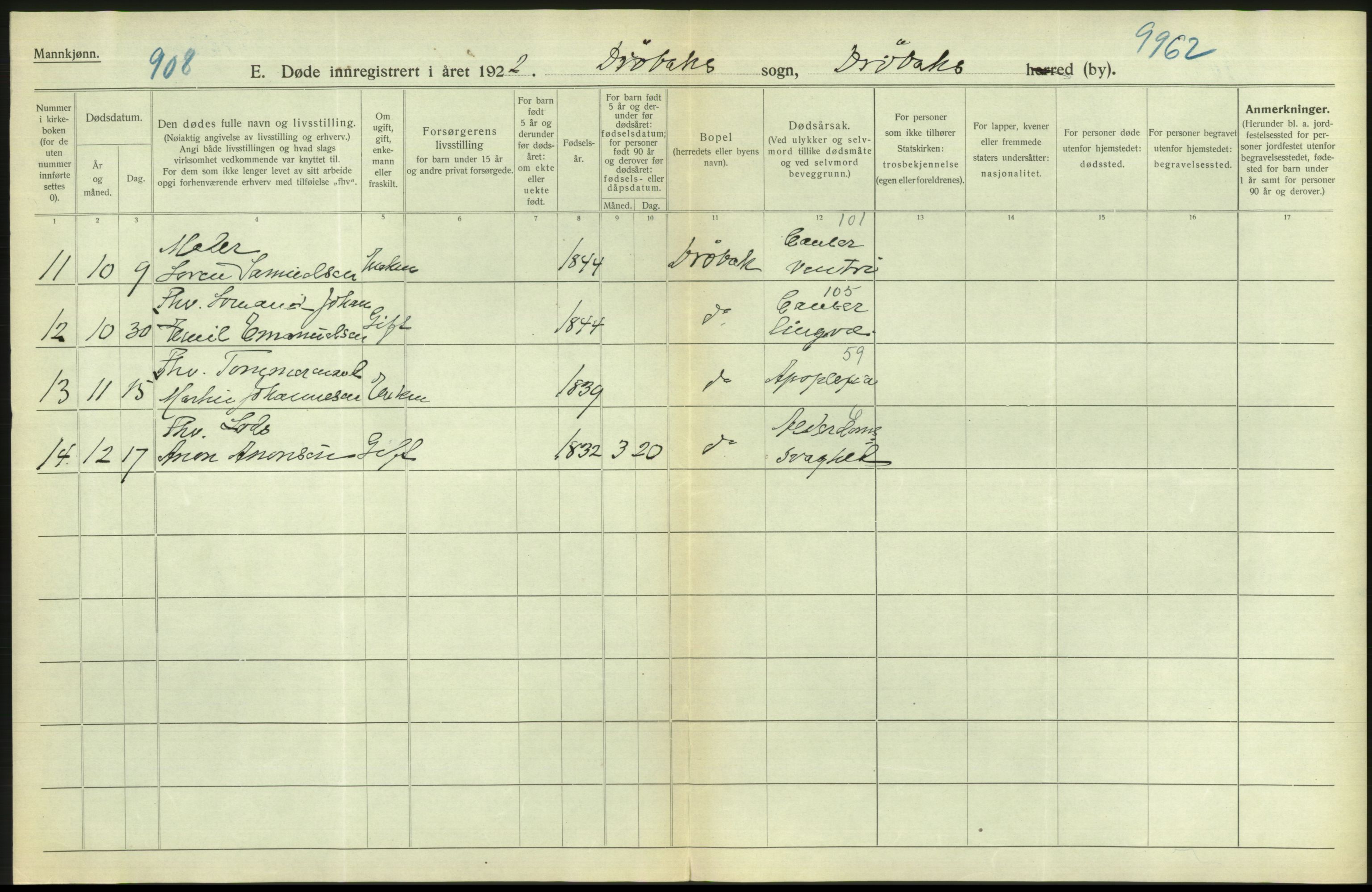 Statistisk sentralbyrå, Sosiodemografiske emner, Befolkning, RA/S-2228/D/Df/Dfc/Dfcb/L0005: Akershus fylke: Døde, dødfødte. Bygder og byer., 1922, s. 124