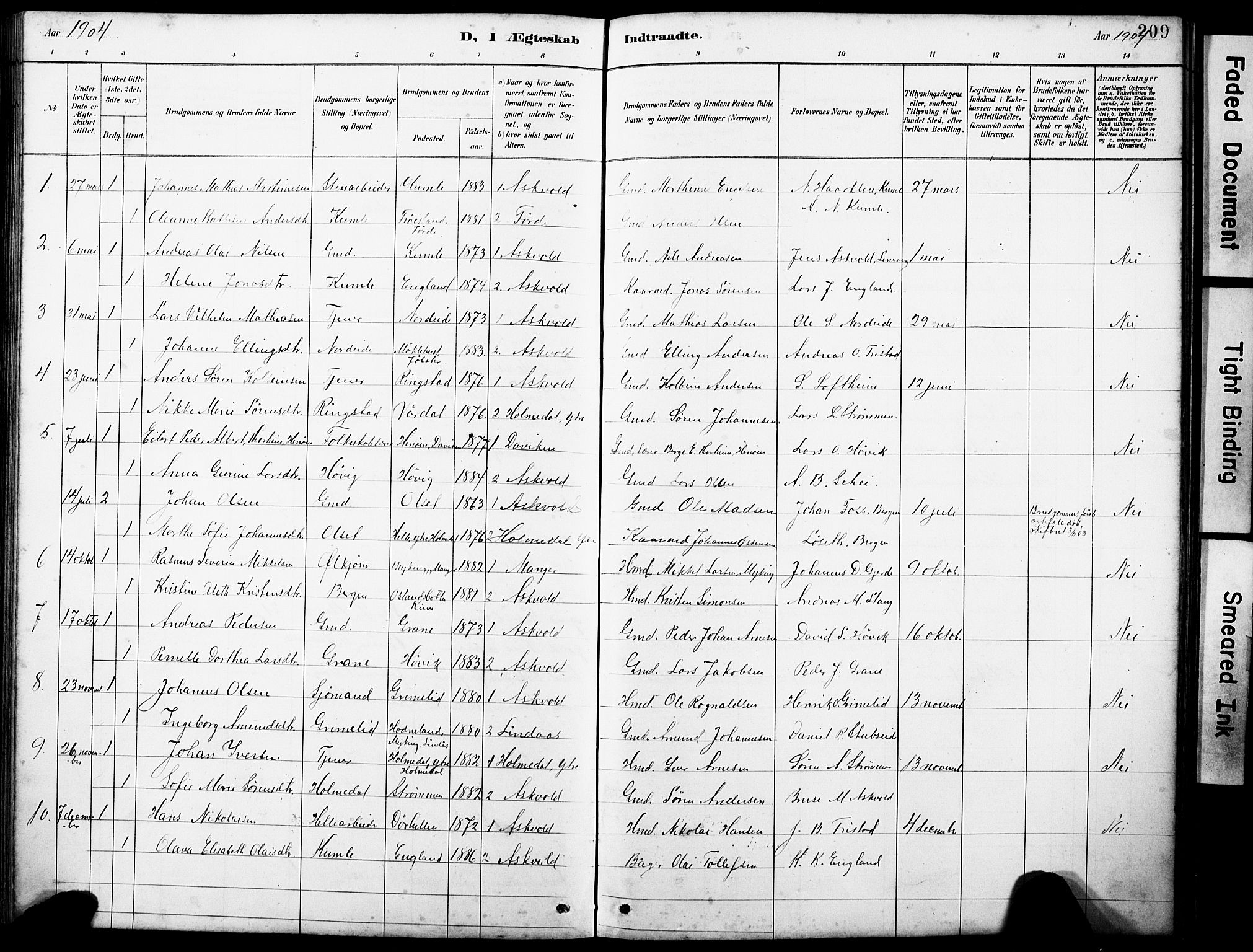 Askvoll sokneprestembete, AV/SAB-A-79501/H/Hab/Haba/L0003: Klokkerbok nr. A 3, 1886-1928, s. 209