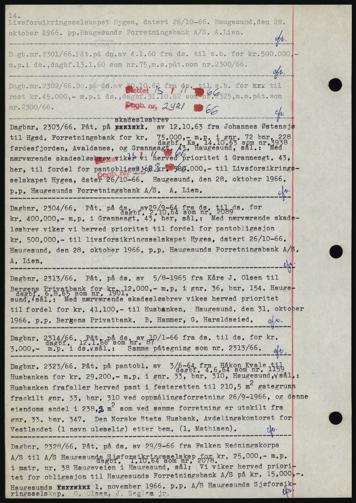 Haugesund tingrett, SAST/A-101415/01/II/IIC/L0055: Pantebok nr. B 55, 1966-1966, Dagboknr: 2301/1966