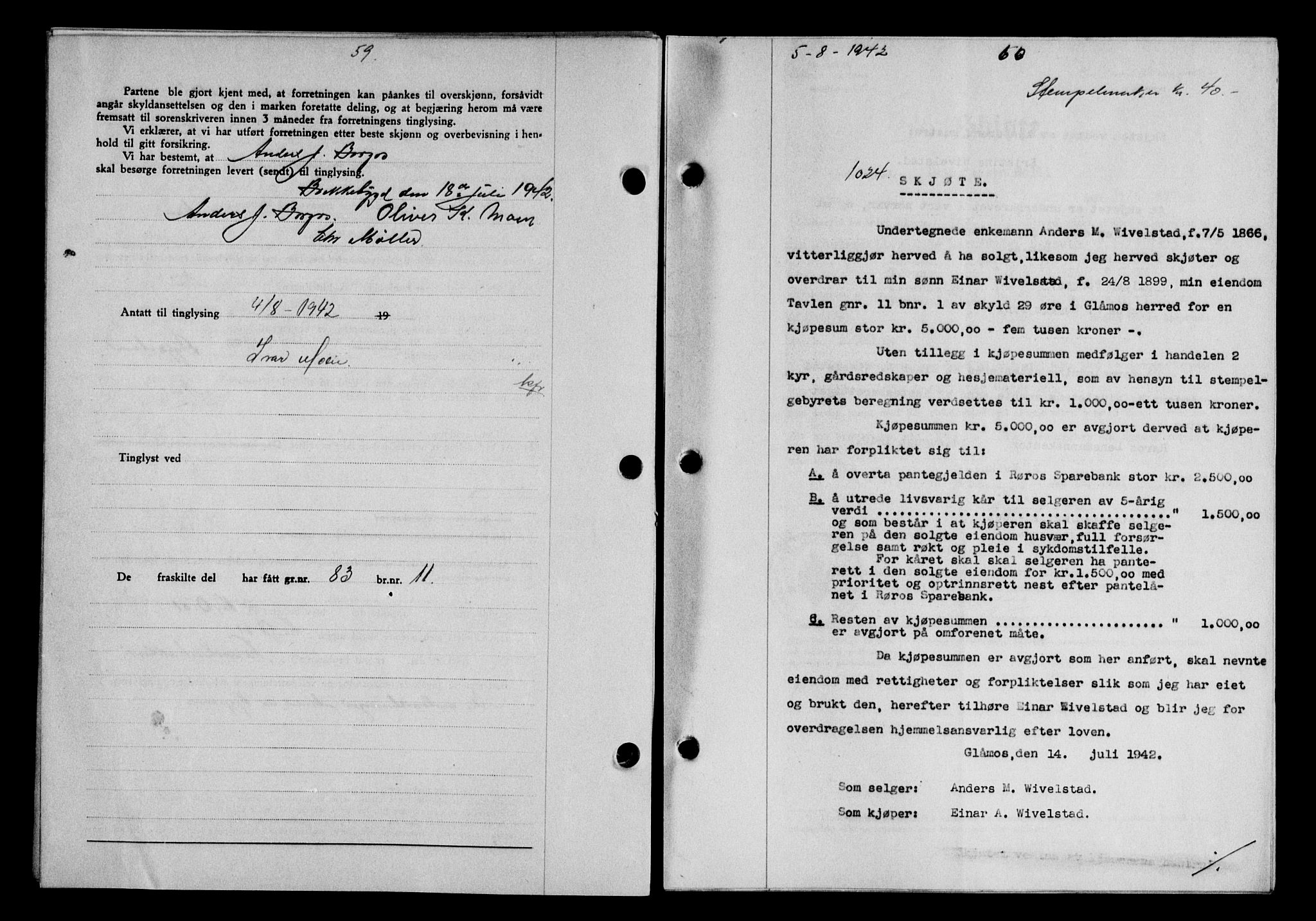 Gauldal sorenskriveri, SAT/A-0014/1/2/2C/L0055: Pantebok nr. 60, 1942-1942, Dagboknr: 1024/1942