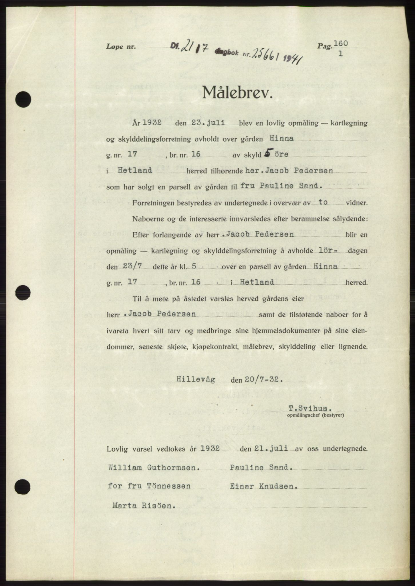Jæren sorenskriveri, SAST/A-100310/03/G/Gba/L0080: Pantebok, 1941-1941, Dagboknr: 2566/1941