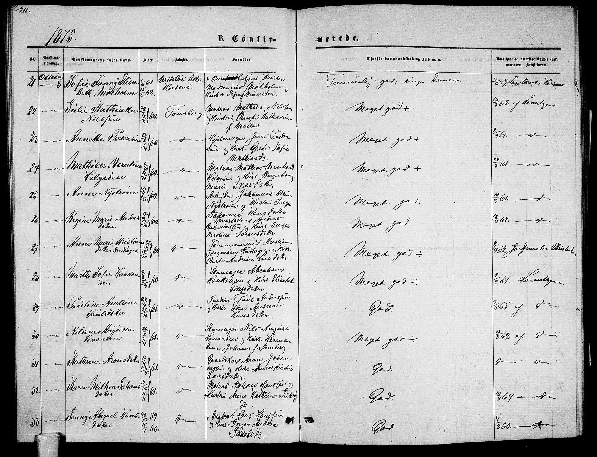 Tønsberg kirkebøker, AV/SAKO-A-330/G/Ga/L0005: Klokkerbok nr. 5, 1875-1885, s. 211