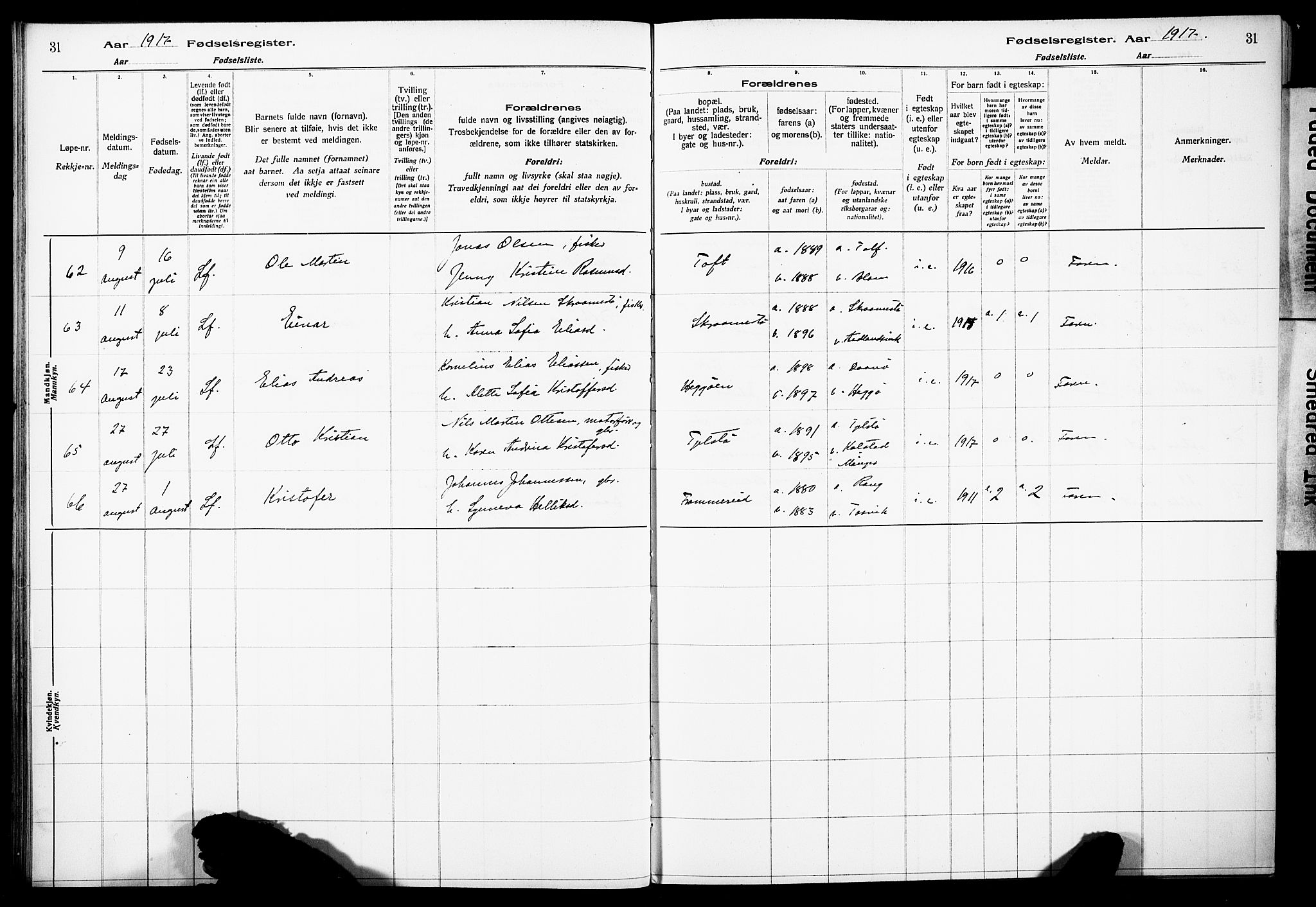 Herdla Sokneprestembete, AV/SAB-A-75701/I/Id/L00A1: Fødselsregister nr. A 1, 1916-1929, s. 31