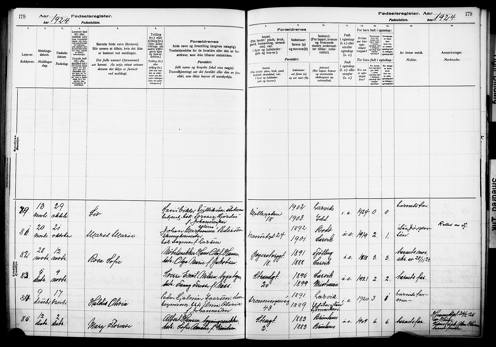 Larvik kirkebøker, AV/SAKO-A-352/J/Ja/L0001: Fødselsregister nr. I 1, 1916-1926, s. 179