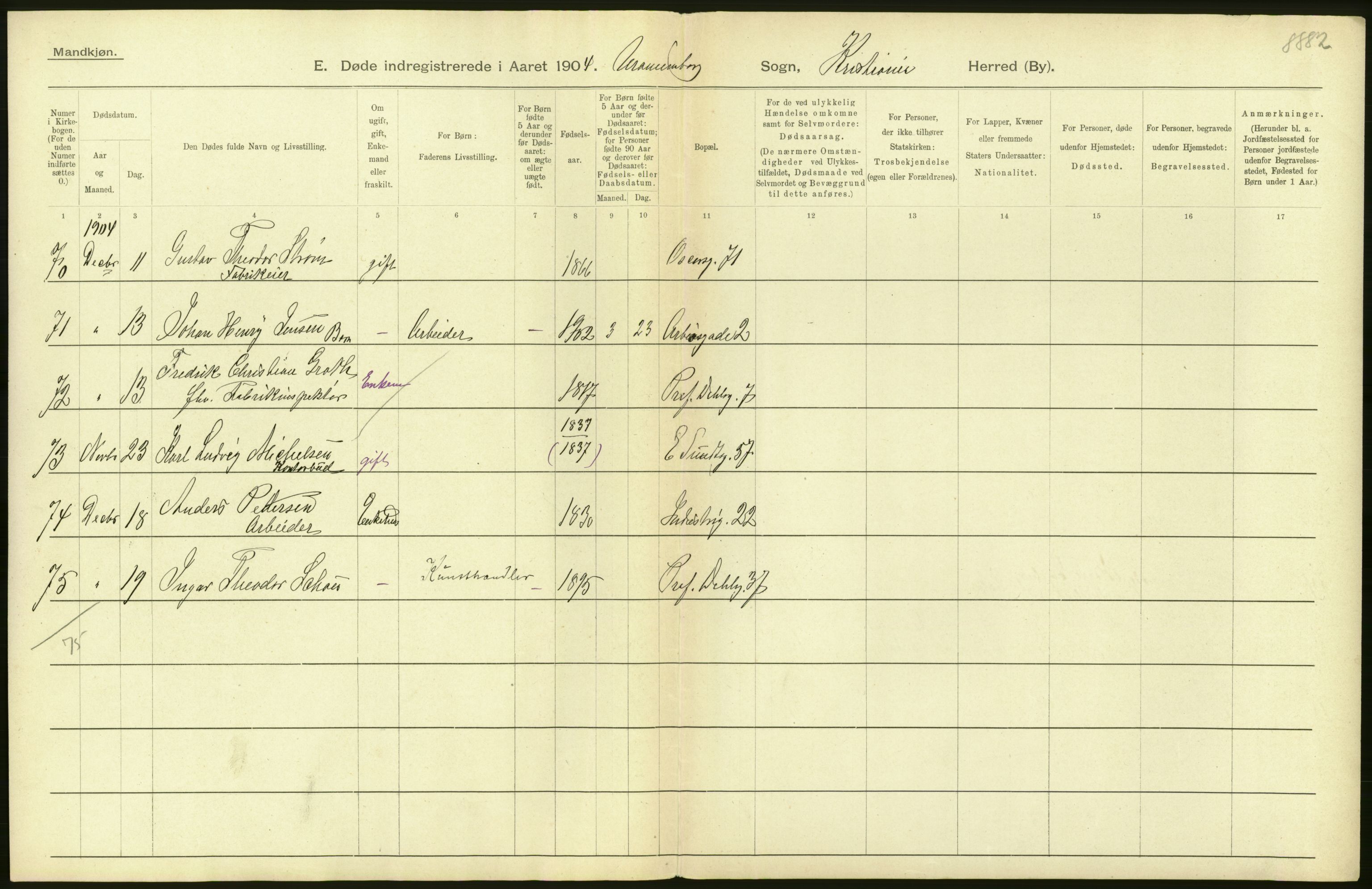 Statistisk sentralbyrå, Sosiodemografiske emner, Befolkning, AV/RA-S-2228/D/Df/Dfa/Dfab/L0004: Kristiania: Gifte, døde, 1904, s. 282