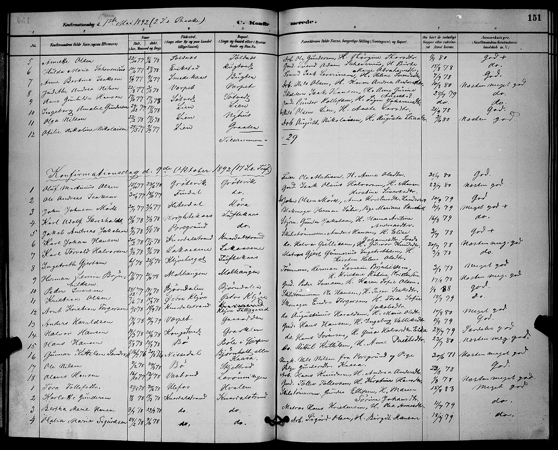 Solum kirkebøker, AV/SAKO-A-306/G/Ga/L0007: Klokkerbok nr. I 7, 1884-1898, s. 151