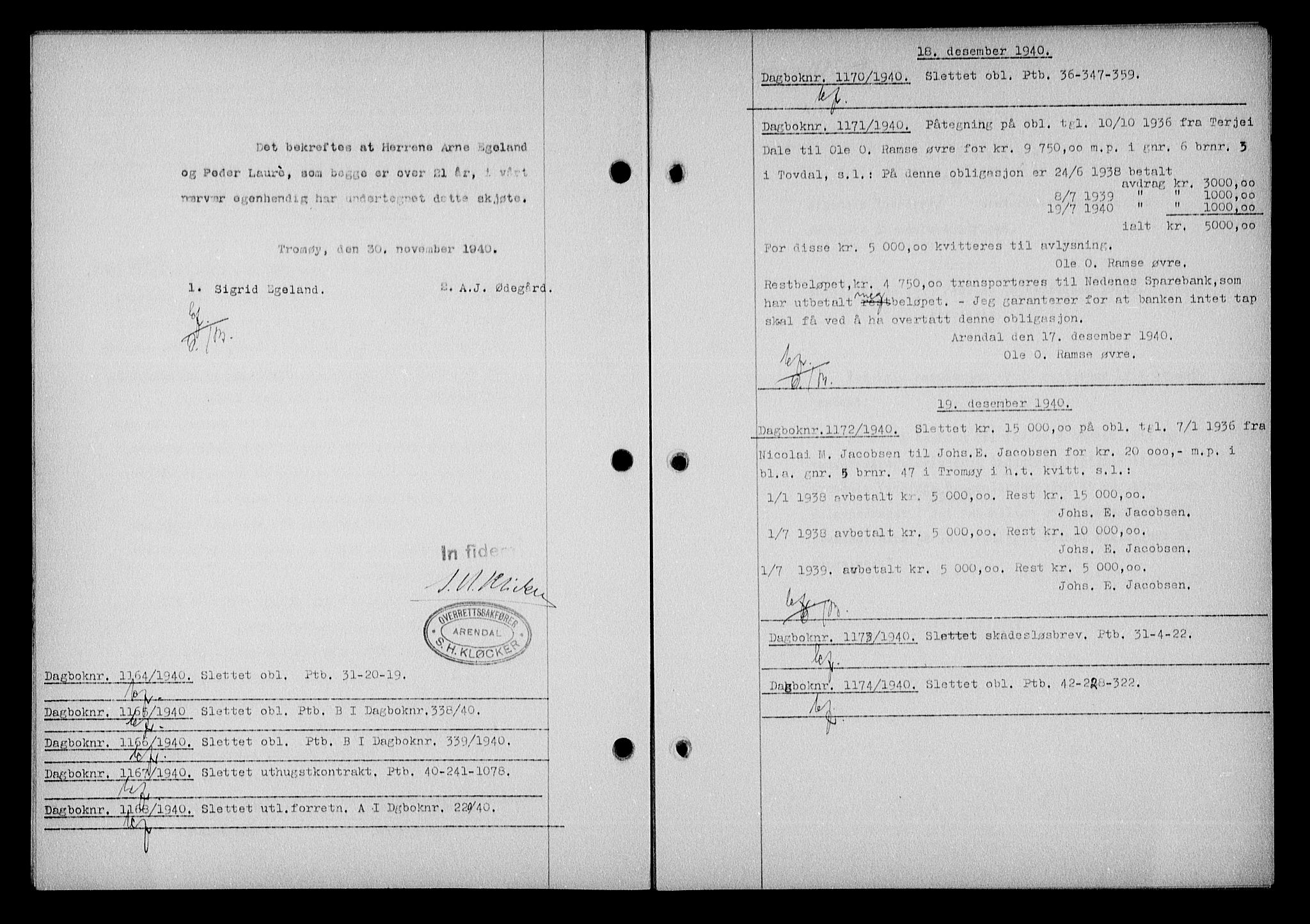 Nedenes sorenskriveri, SAK/1221-0006/G/Gb/Gba/L0048: Pantebok nr. A-II, 1940-1941, Dagboknr: 1164/1940