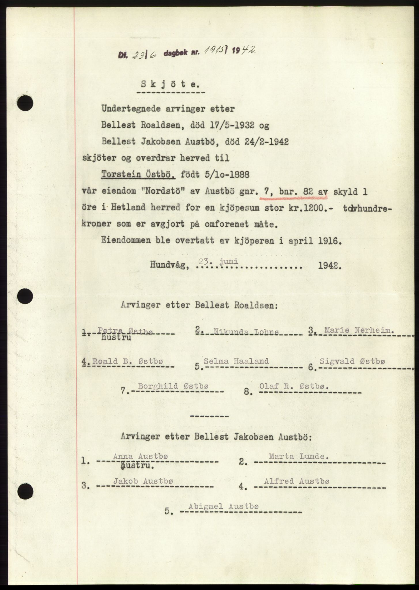 Jæren sorenskriveri, SAST/A-100310/03/G/Gba/L0082: Pantebok, 1942-1942, Dagboknr: 1915/1942
