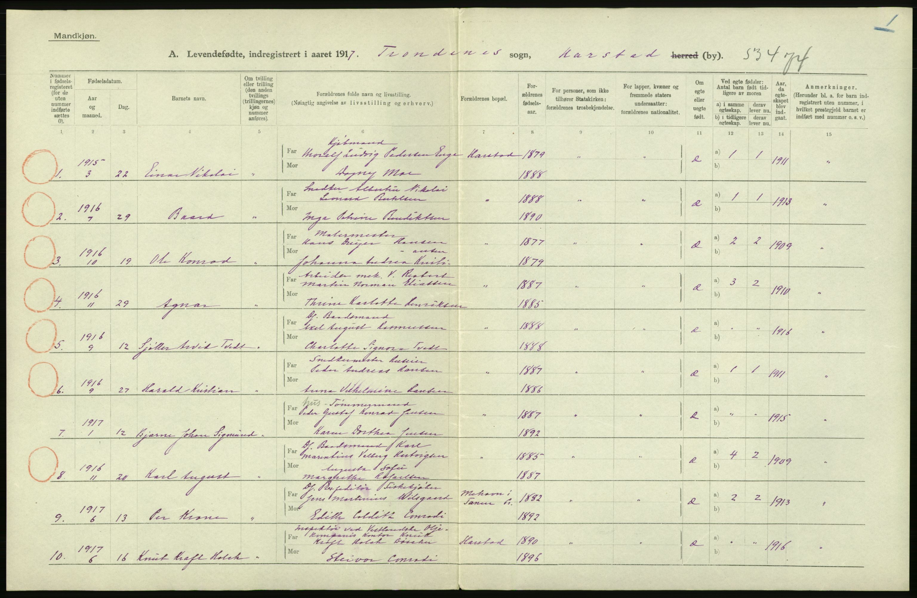 Statistisk sentralbyrå, Sosiodemografiske emner, Befolkning, RA/S-2228/D/Df/Dfb/Dfbg/L0053: Tromsø amt: Levendefødte menn og kvinner. Bygder og byer., 1917, s. 106