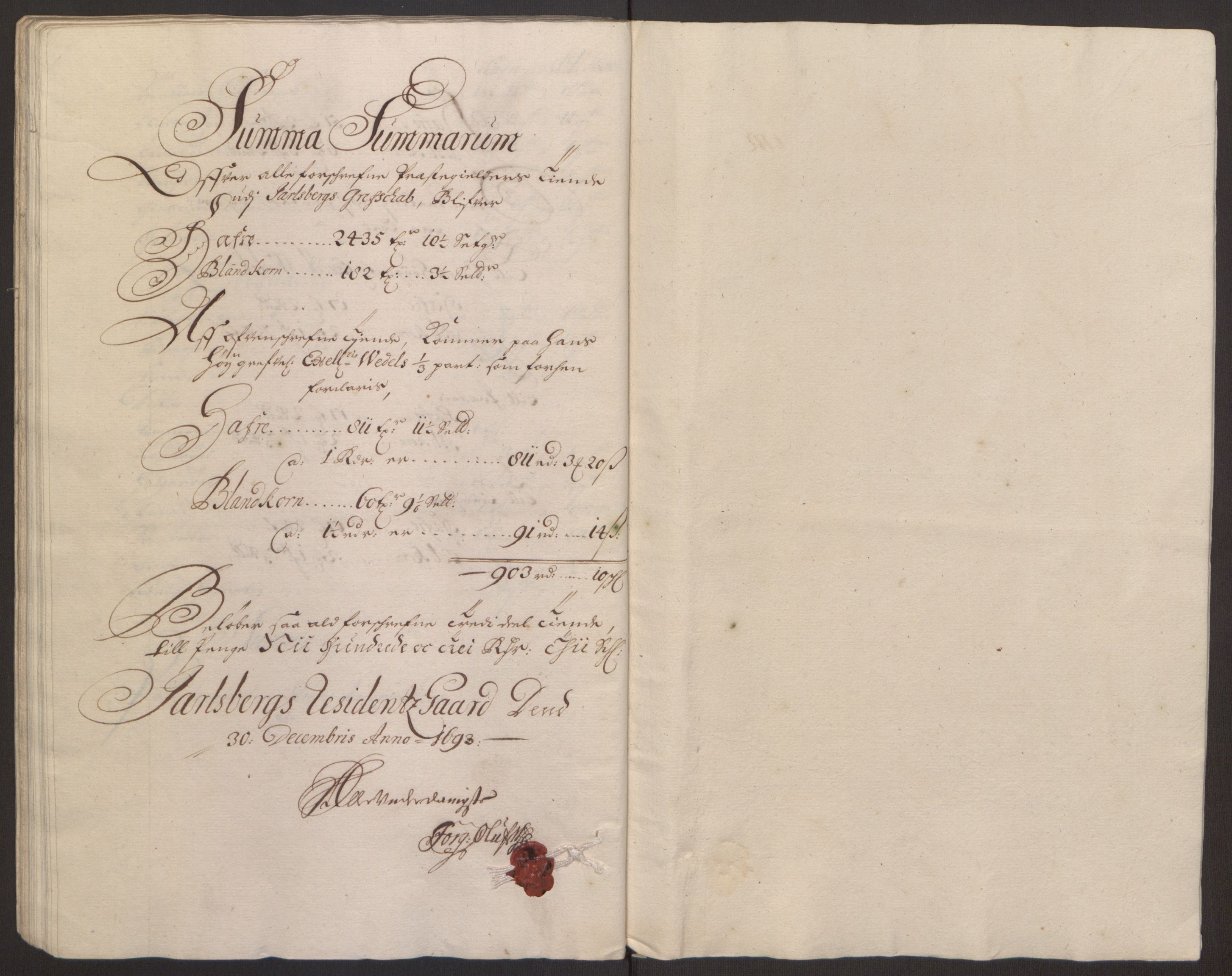 Rentekammeret inntil 1814, Reviderte regnskaper, Fogderegnskap, RA/EA-4092/R32/L1866: Fogderegnskap Jarlsberg grevskap, 1693, s. 311