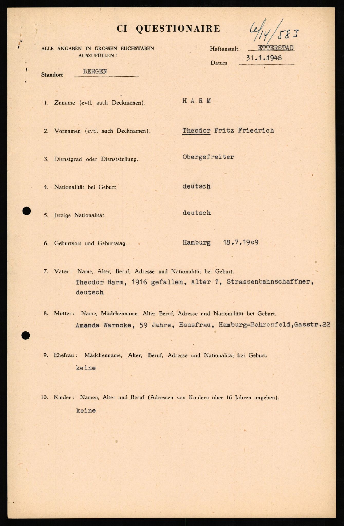 Forsvaret, Forsvarets overkommando II, AV/RA-RAFA-3915/D/Db/L0012: CI Questionaires. Tyske okkupasjonsstyrker i Norge. Tyskere., 1945-1946, s. 55