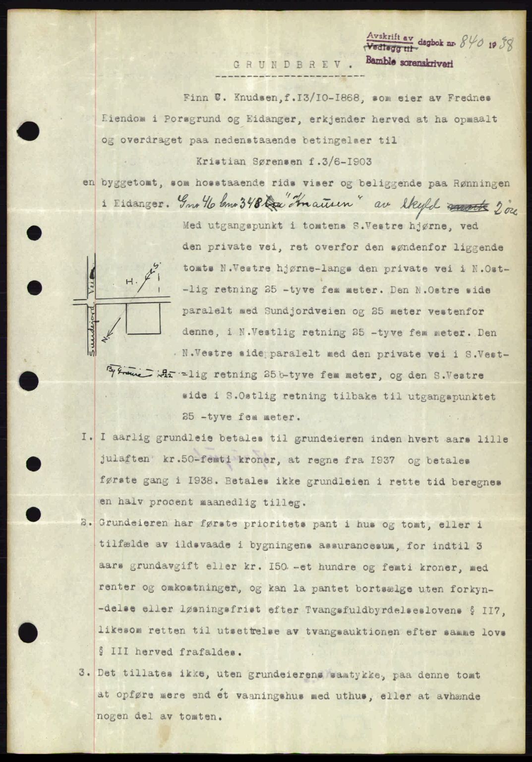 Bamble sorenskriveri, AV/SAKO-A-214/G/Ga/Gag/L0002: Pantebok nr. A-2, 1937-1938, Dagboknr: 840/1938