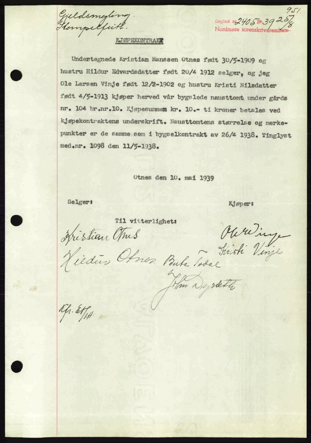 Nordmøre sorenskriveri, SAT/A-4132/1/2/2Ca: Pantebok nr. B85, 1939-1939, Dagboknr: 2405/1939