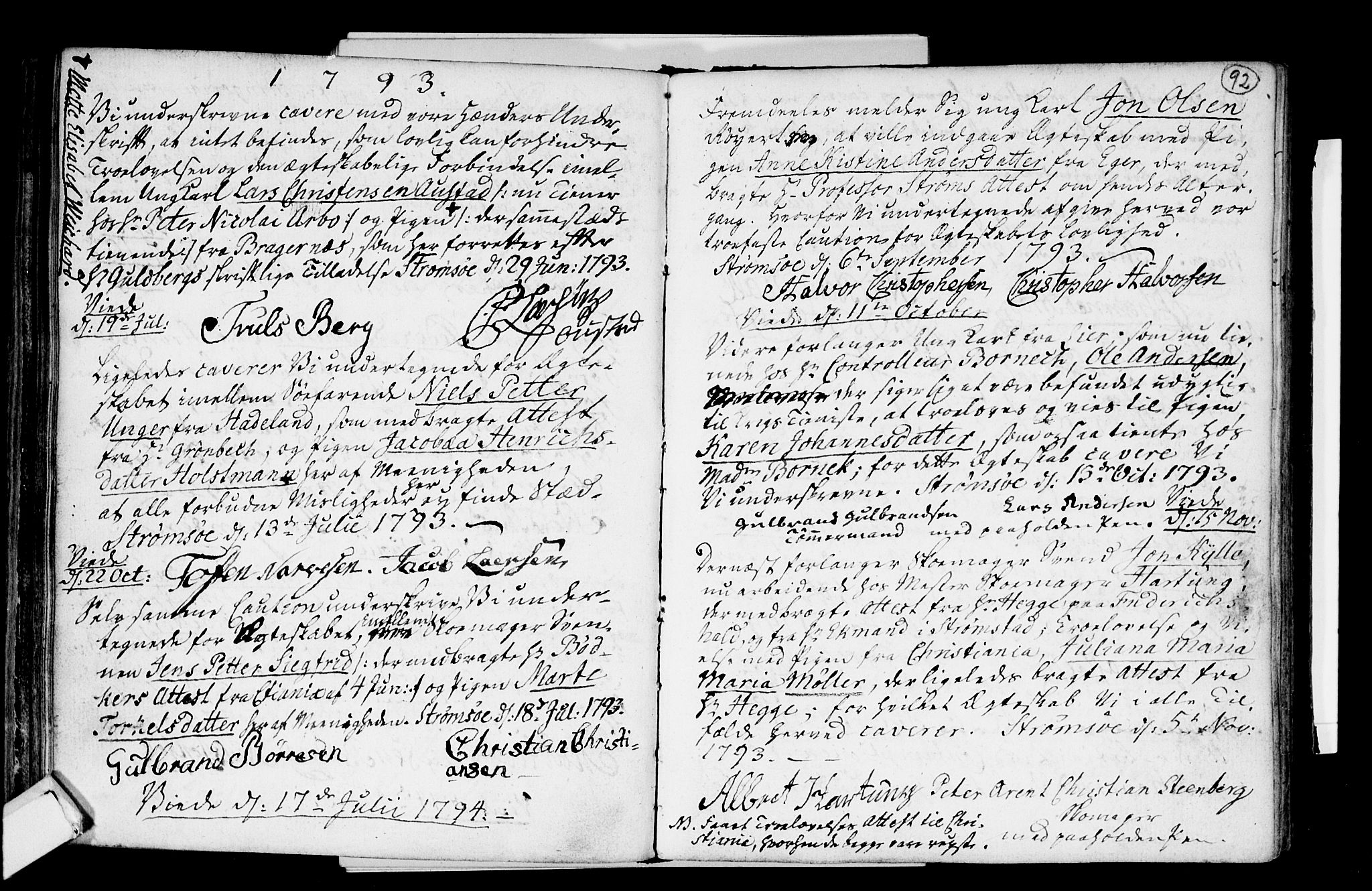 Strømsø kirkebøker, SAKO/A-246/H/Hb/L0001: Forlovererklæringer nr. 1, 1752-1815, s. 92