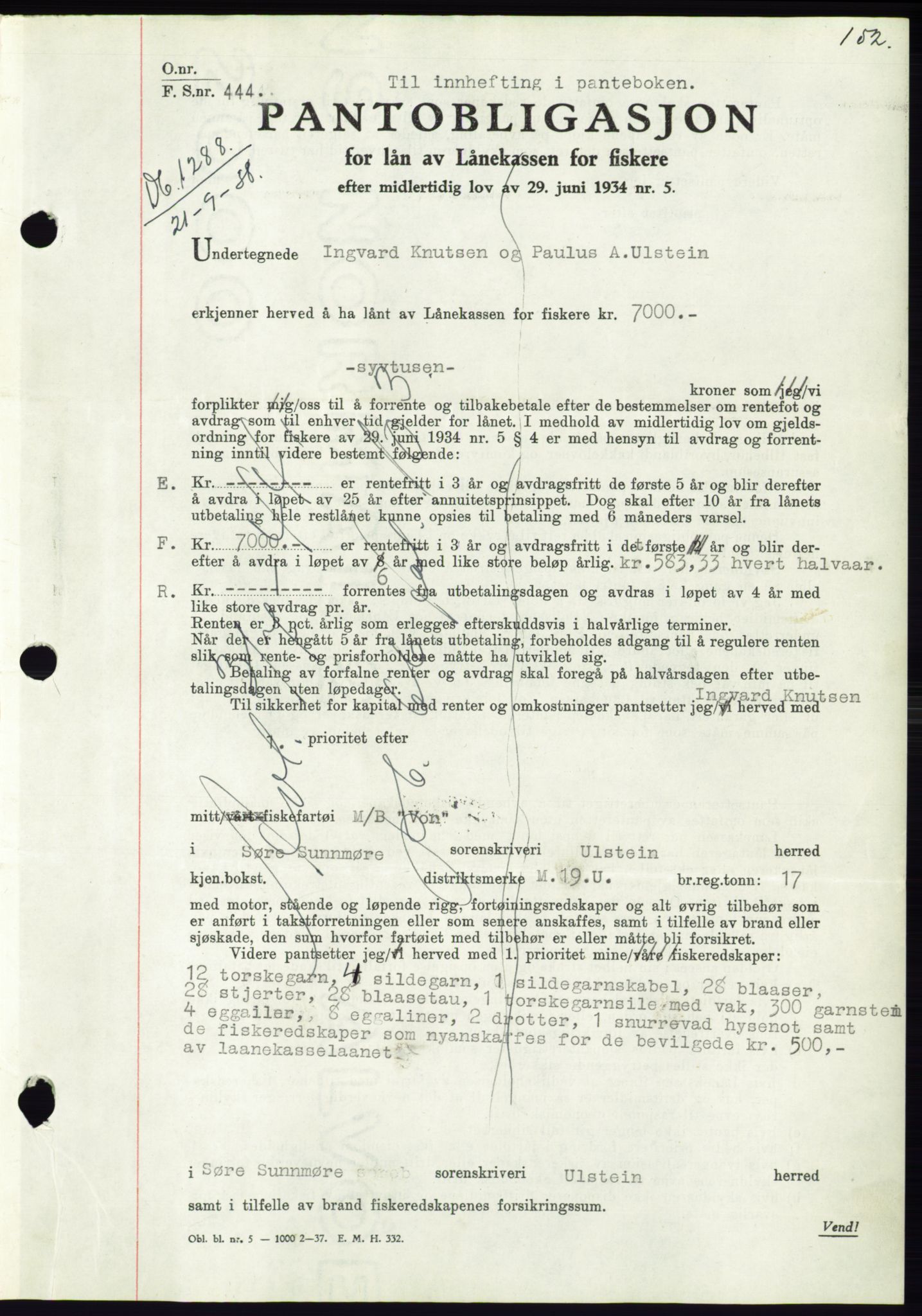 Søre Sunnmøre sorenskriveri, AV/SAT-A-4122/1/2/2C/L0066: Pantebok nr. 60, 1938-1938, Dagboknr: 1288/1938