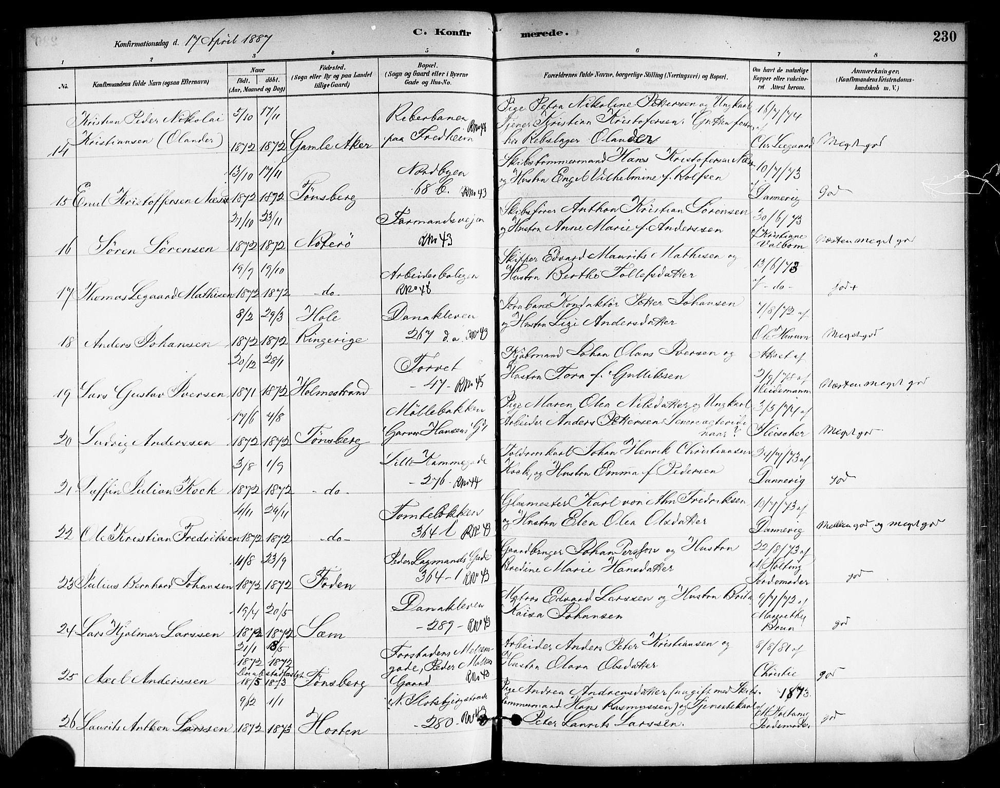 Tønsberg kirkebøker, AV/SAKO-A-330/F/Fa/L0011: Ministerialbok nr. I 11, 1881-1890, s. 230