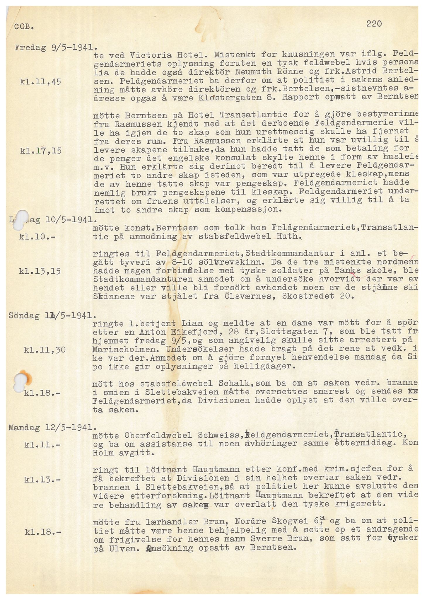 Bergen politikammer / politidistrikt, AV/SAB-A-60401/Y/Ye/L0001: Avskrift av krigsdagbok av Dankert Thuland, 1940-1941, s. 220