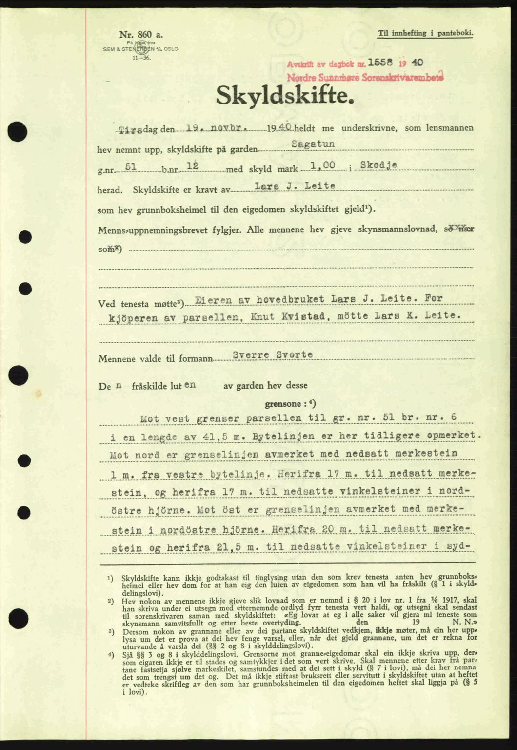 Nordre Sunnmøre sorenskriveri, AV/SAT-A-0006/1/2/2C/2Ca: Pantebok nr. A10, 1940-1941, Dagboknr: 1558/1940