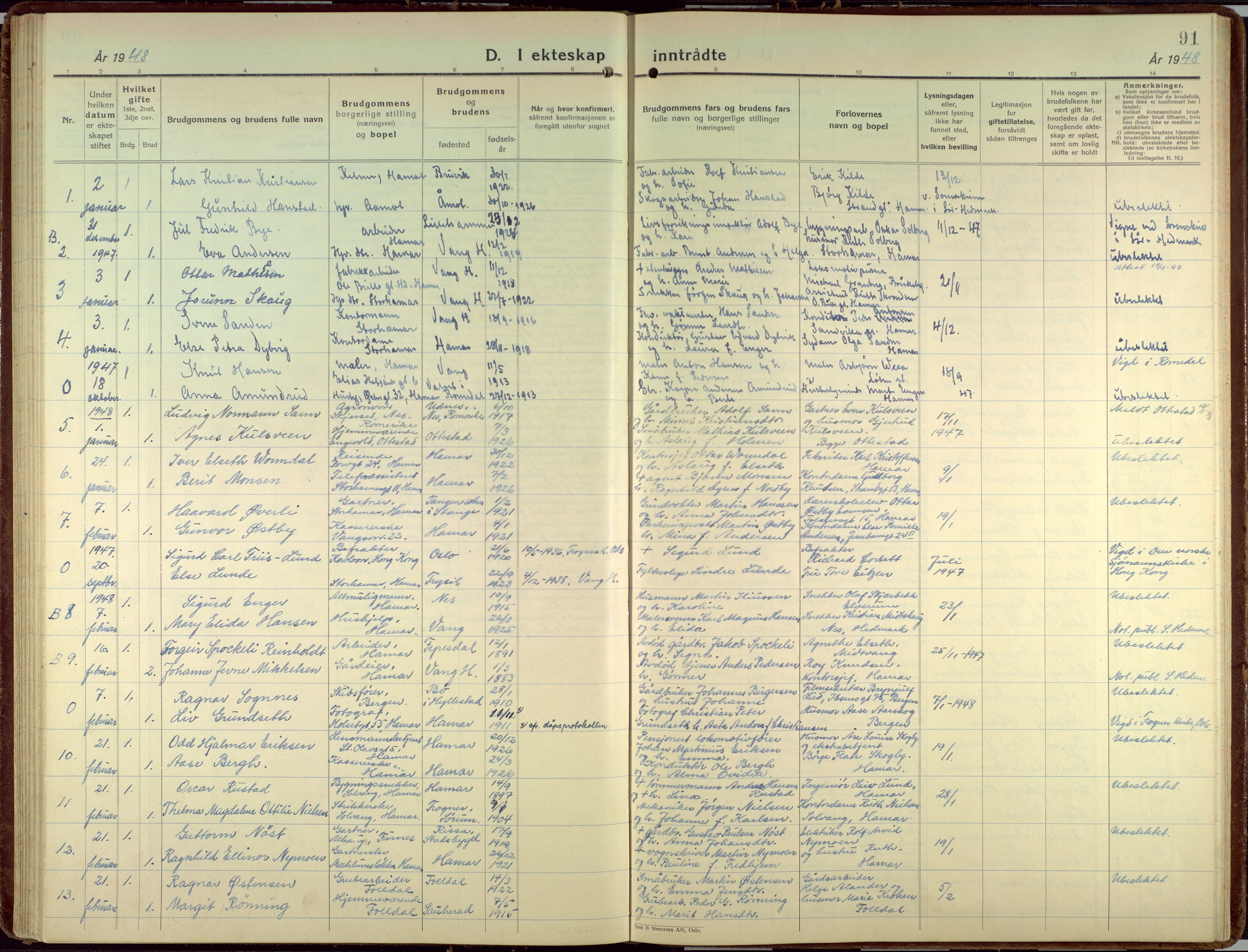 Hamar prestekontor, AV/SAH-DOMPH-002/H/Ha/Haa/L0006: Ministerialbok nr. 6, 1931-1953, s. 91