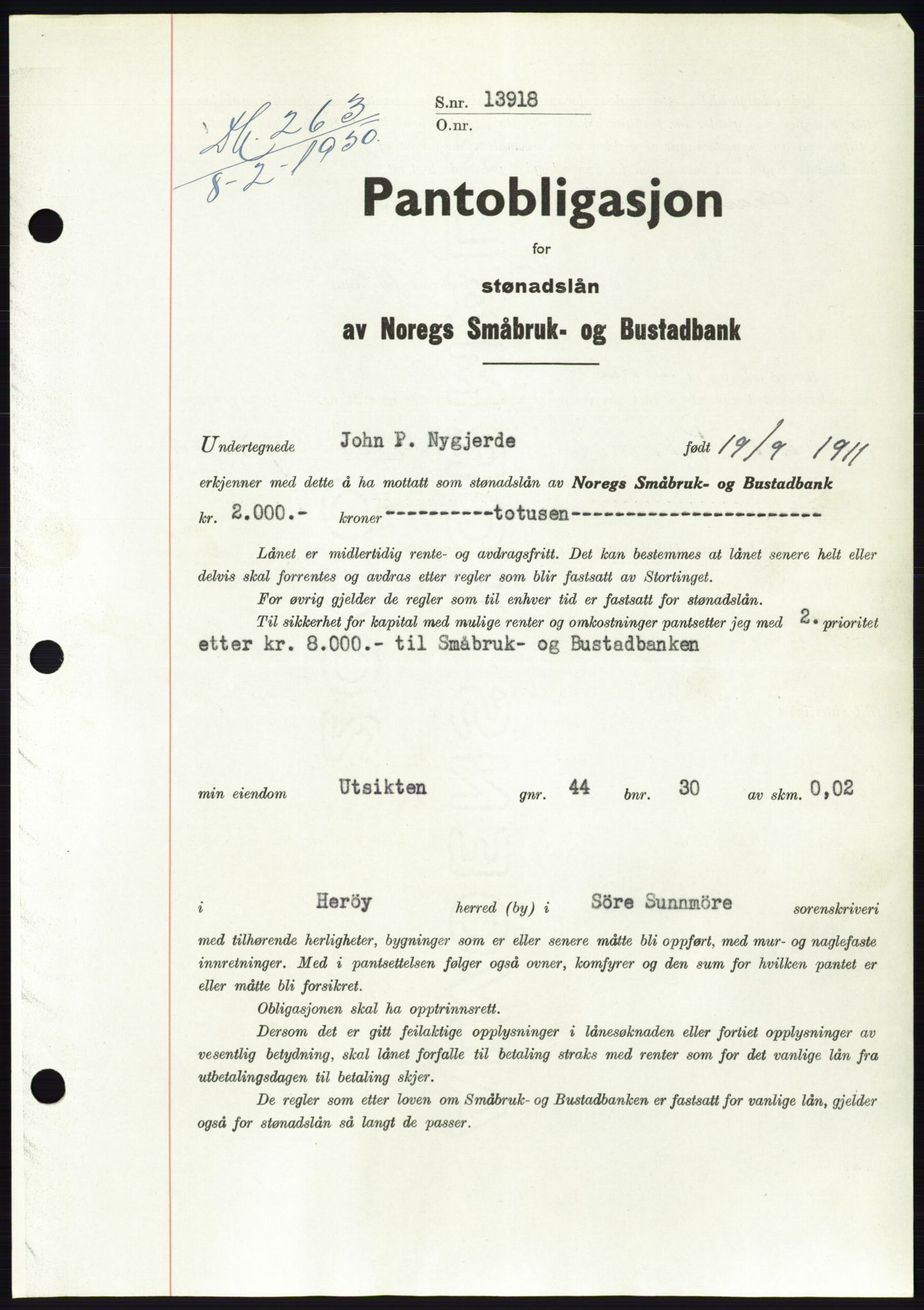 Søre Sunnmøre sorenskriveri, SAT/A-4122/1/2/2C/L0118: Pantebok nr. 6B, 1949-1950, Dagboknr: 263/1950