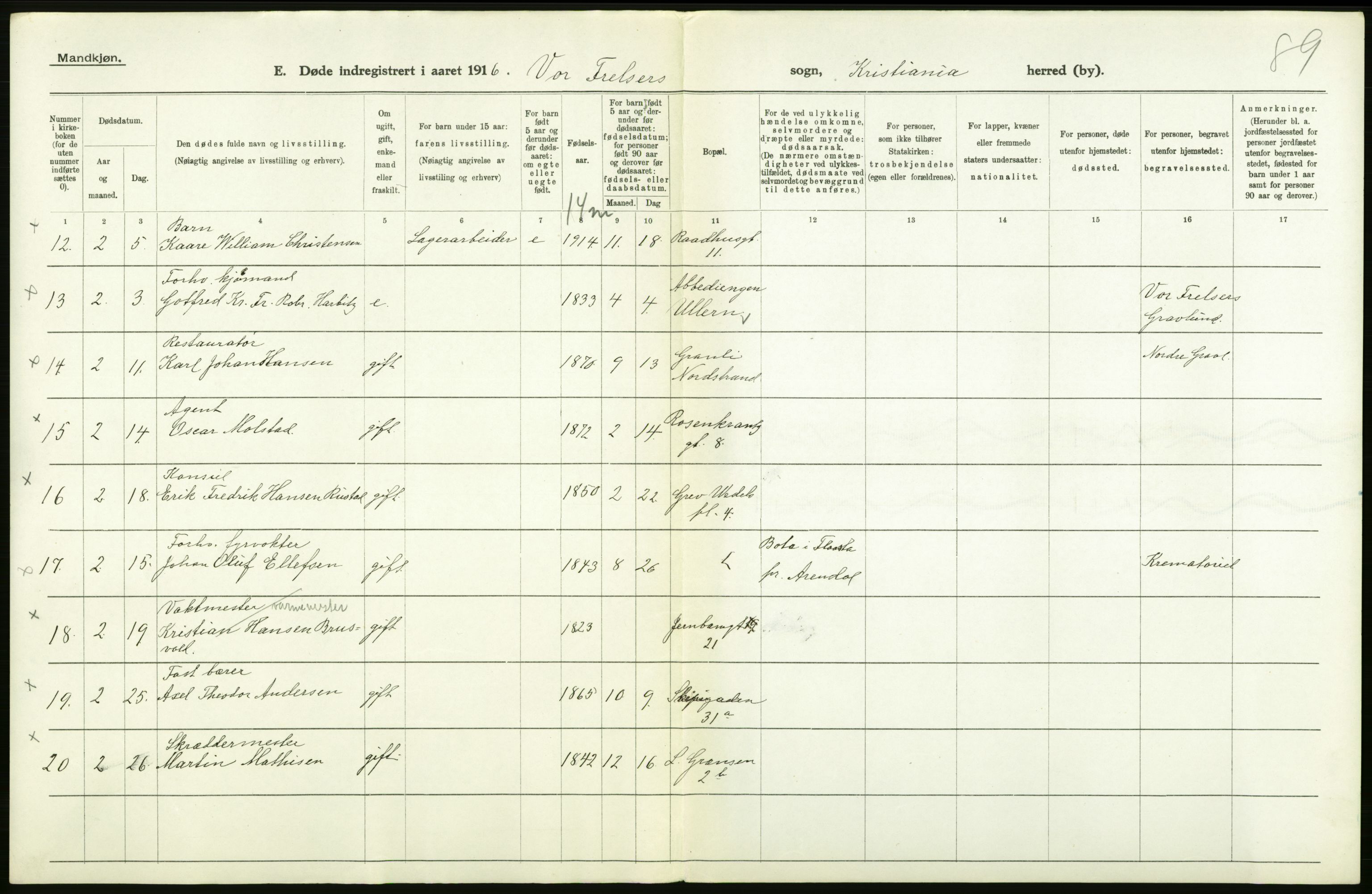 Statistisk sentralbyrå, Sosiodemografiske emner, Befolkning, AV/RA-S-2228/D/Df/Dfb/Dfbf/L0010: Kristiania: Døde, dødfødte., 1916, s. 34