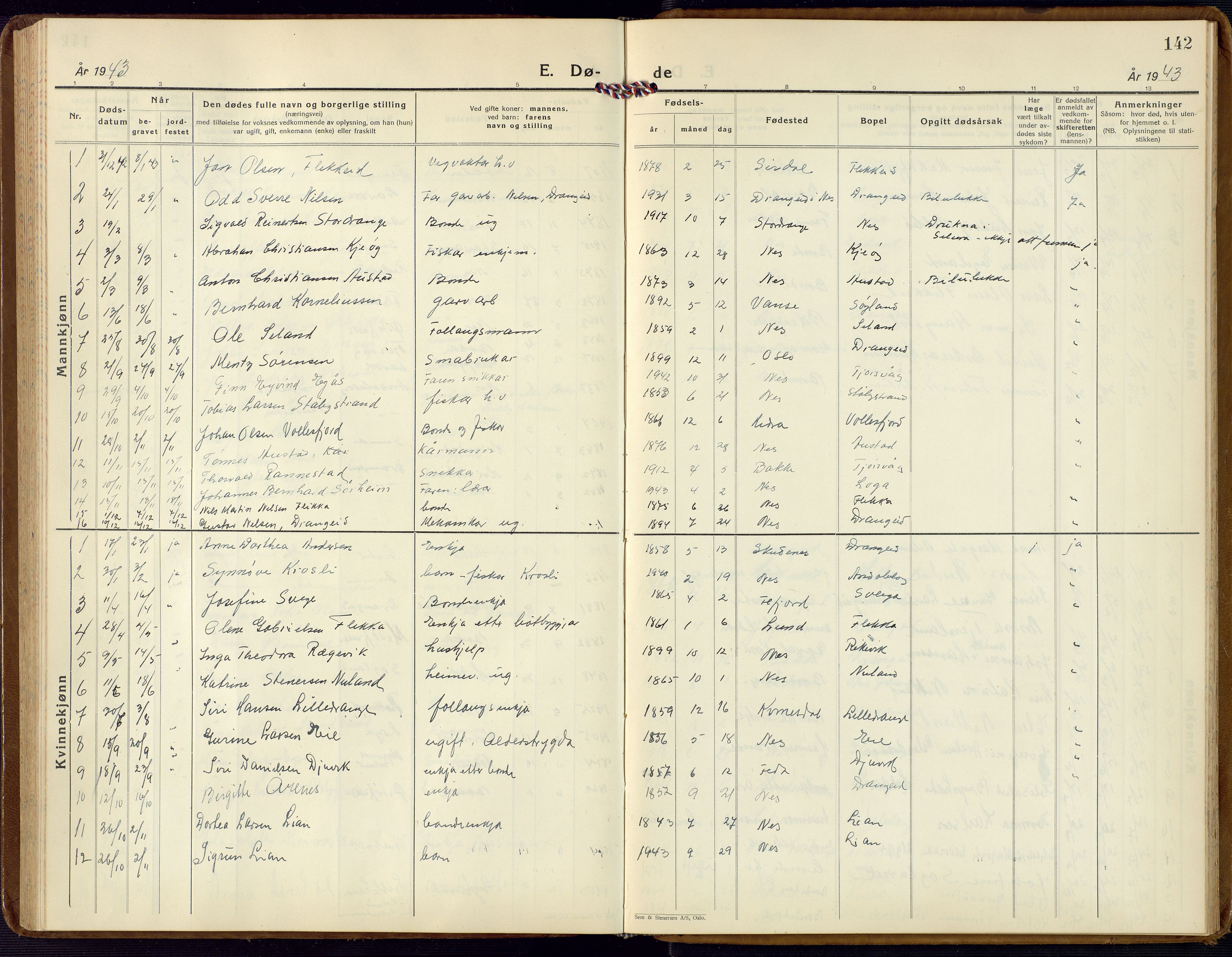 Flekkefjord sokneprestkontor, SAK/1111-0012/F/Fb/Fbc/L0009: Klokkerbok nr. B 9, 1932-1965, s. 142