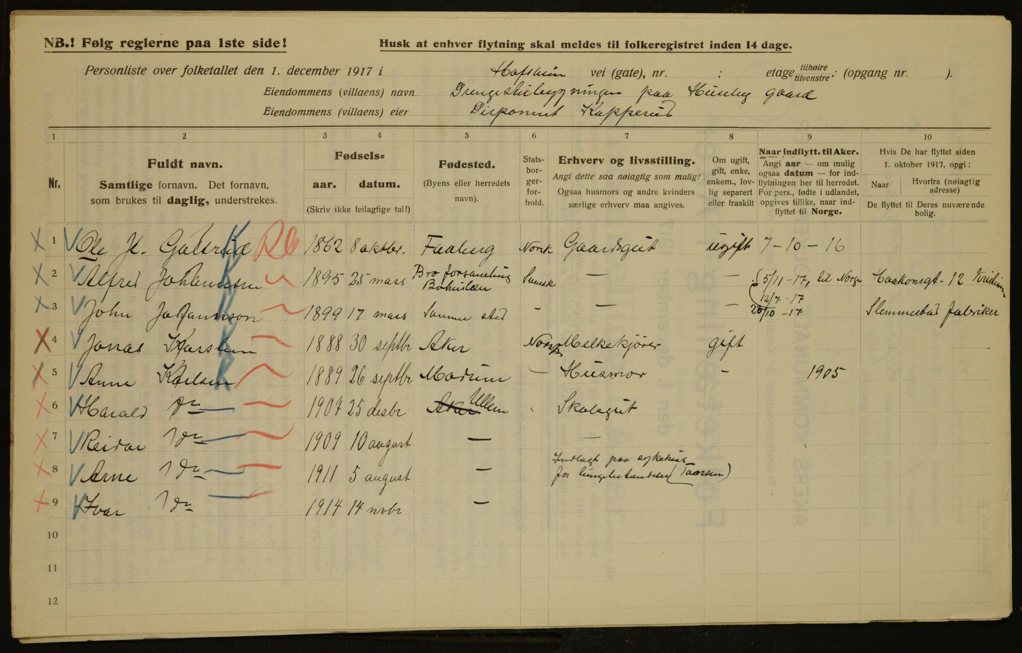 OBA, Kommunal folketelling 1.12.1917 for Aker, 1917, s. 4296