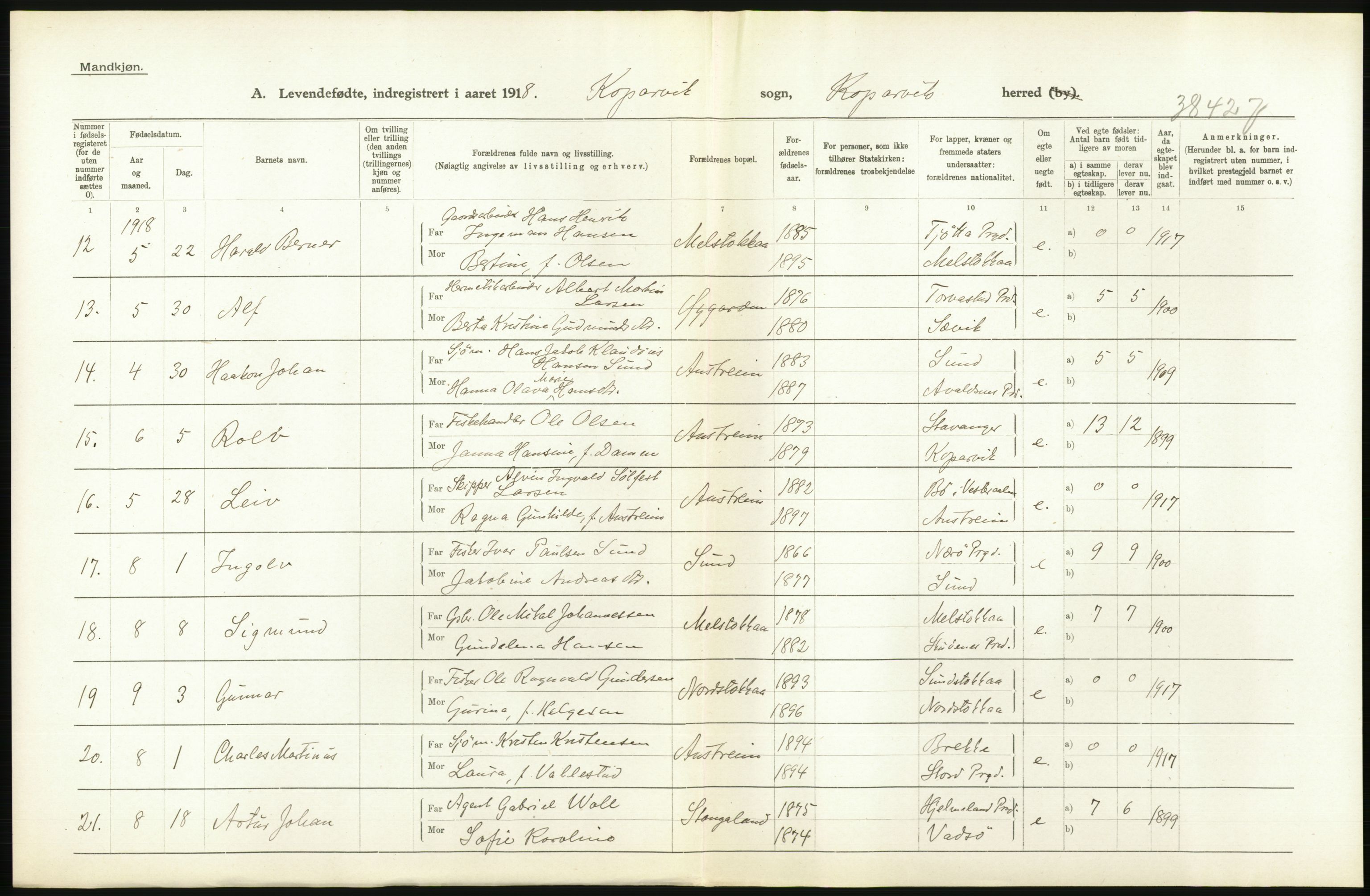 Statistisk sentralbyrå, Sosiodemografiske emner, Befolkning, AV/RA-S-2228/D/Df/Dfb/Dfbh/L0031: Rogaland fylke: Levendefødte menn og kvinner. Bygder., 1918