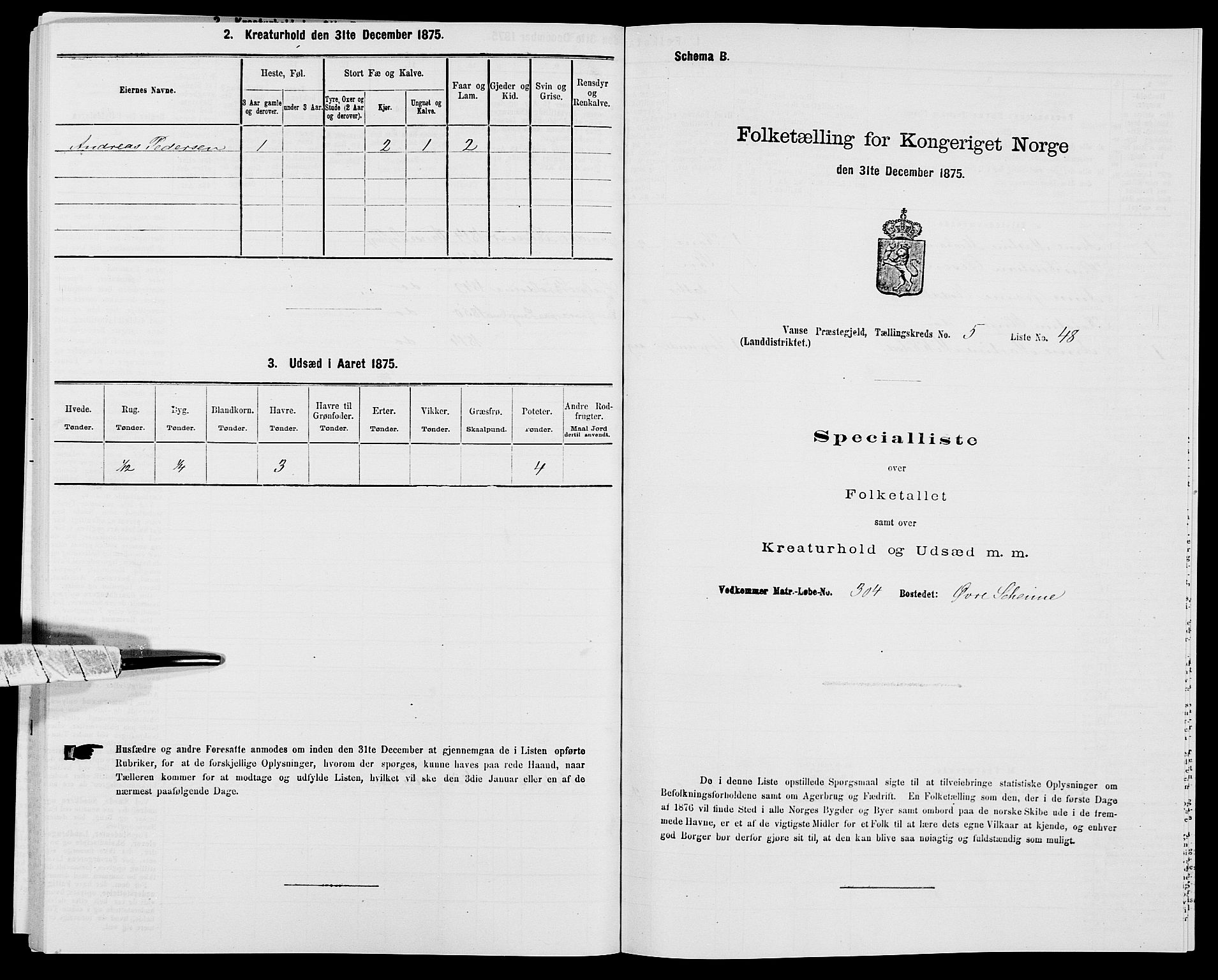 SAK, Folketelling 1875 for 1041L Vanse prestegjeld, Vanse sokn og Farsund landsokn, 1875, s. 843