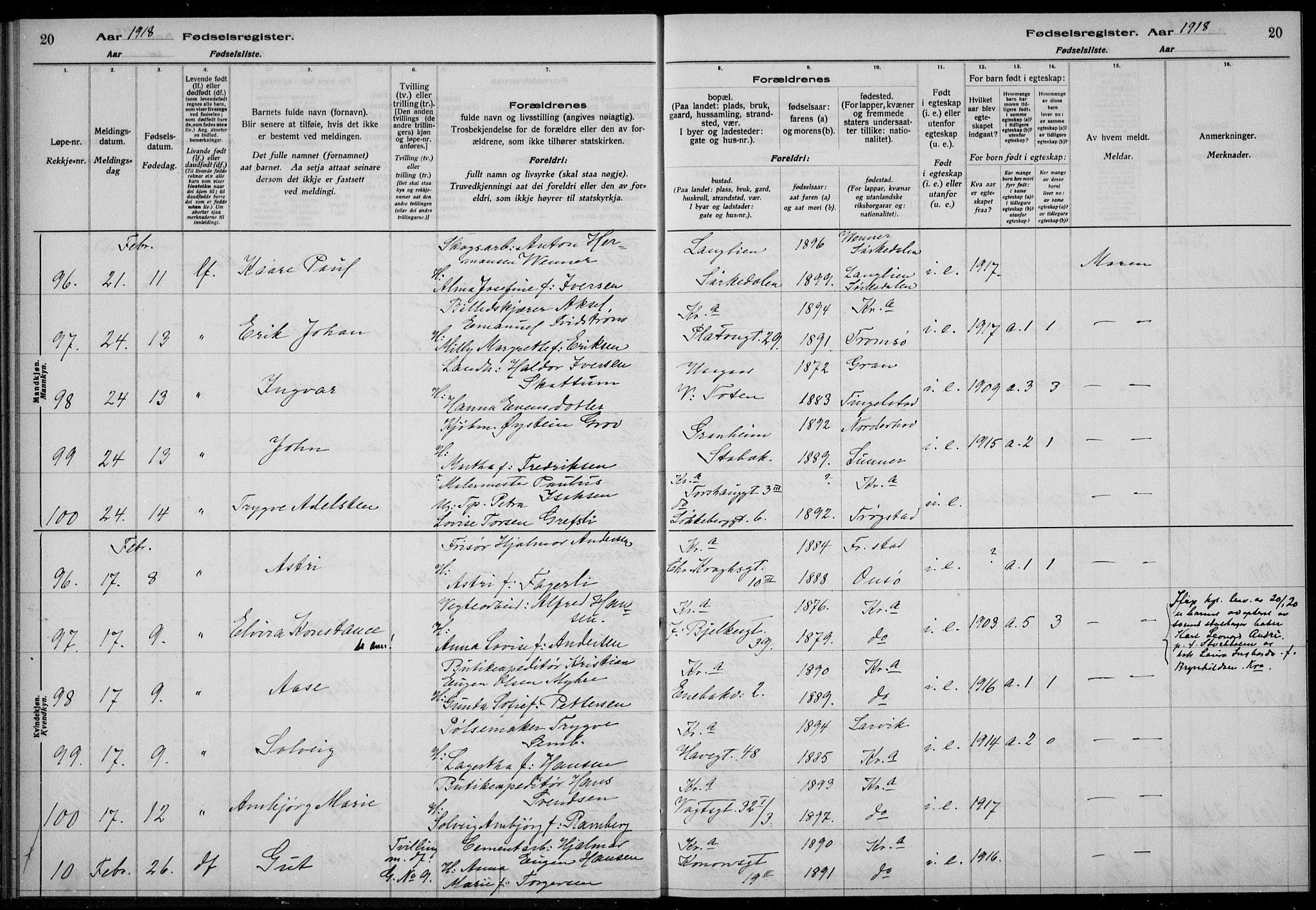 Rikshospitalet prestekontor Kirkebøker, AV/SAO-A-10309b/J/L0003: Fødselsregister nr. 3, 1918-1918, s. 20