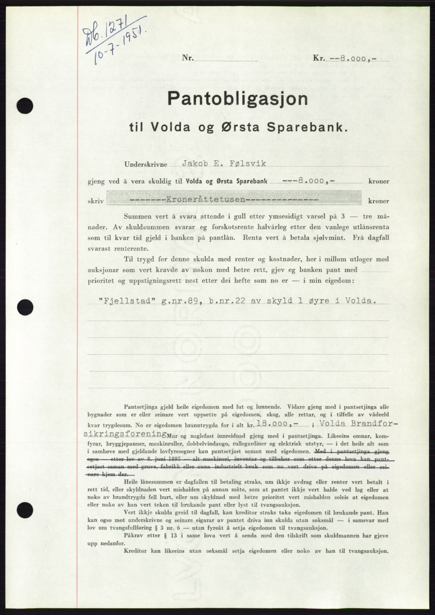 Søre Sunnmøre sorenskriveri, SAT/A-4122/1/2/2C/L0120: Pantebok nr. 8B, 1951-1951, Dagboknr: 1271/1951
