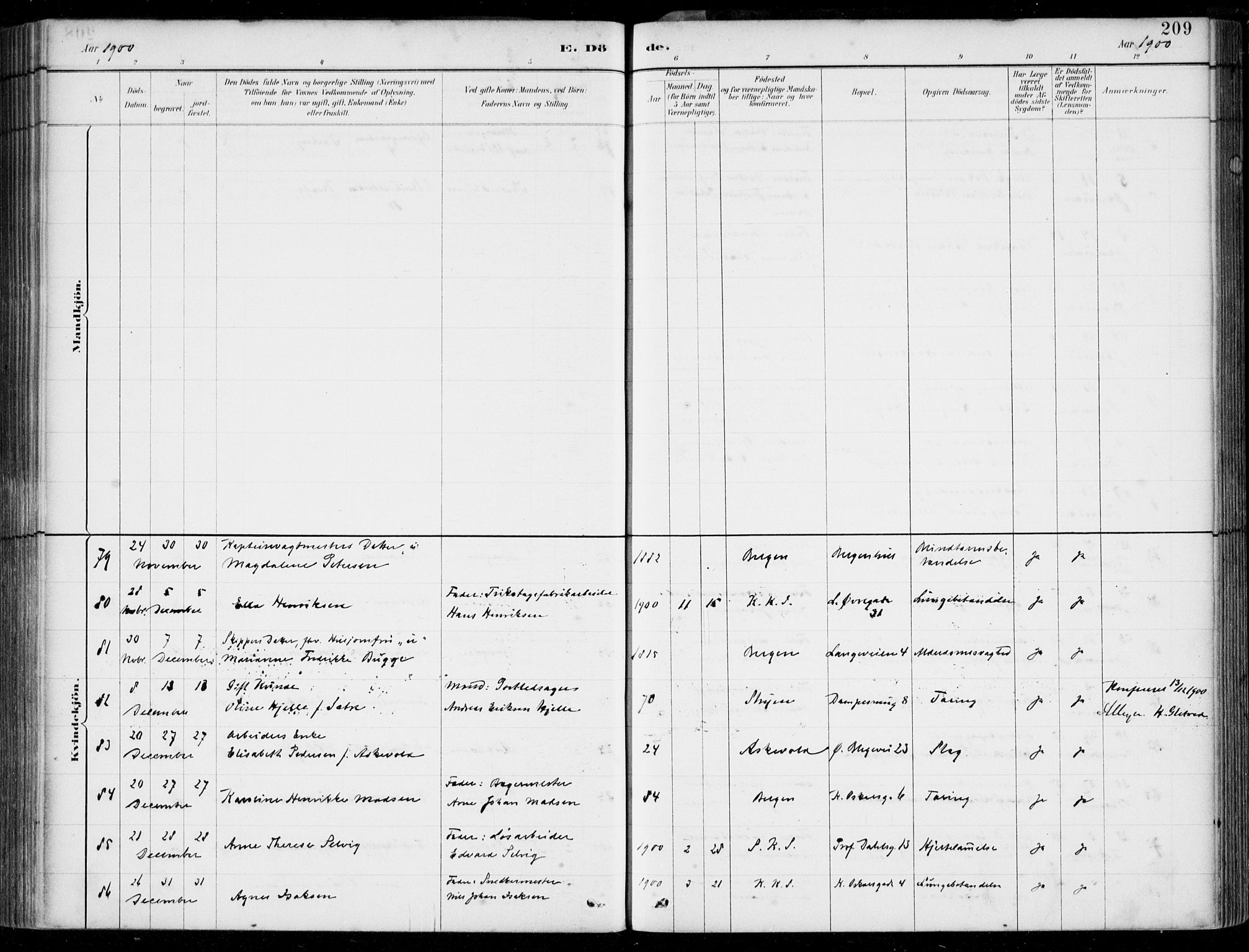 Korskirken sokneprestembete, AV/SAB-A-76101/H/Hab: Klokkerbok nr. E 4, 1884-1910, s. 209